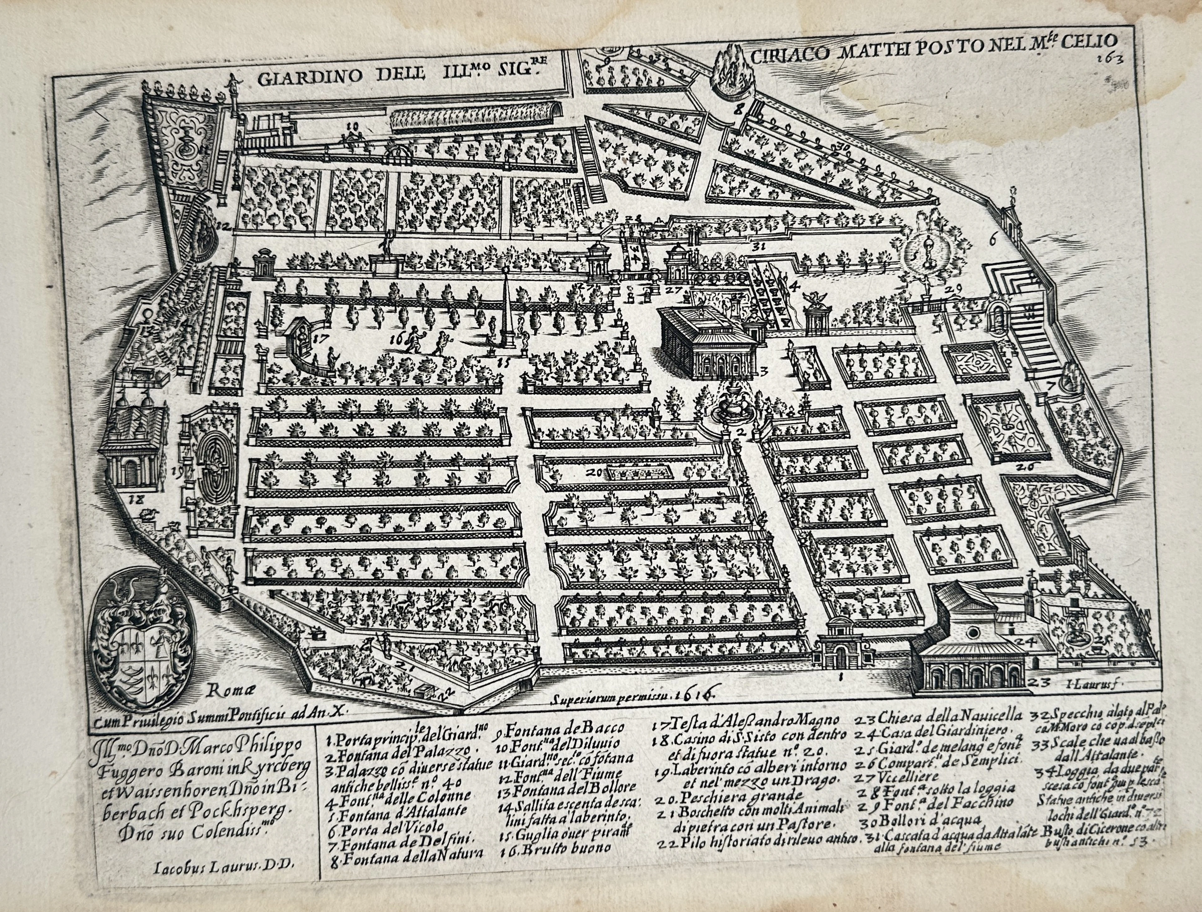 Giacomo Lauro (1550–1640) – Map of the Villa Mattei Garden – Engraving (1612)
