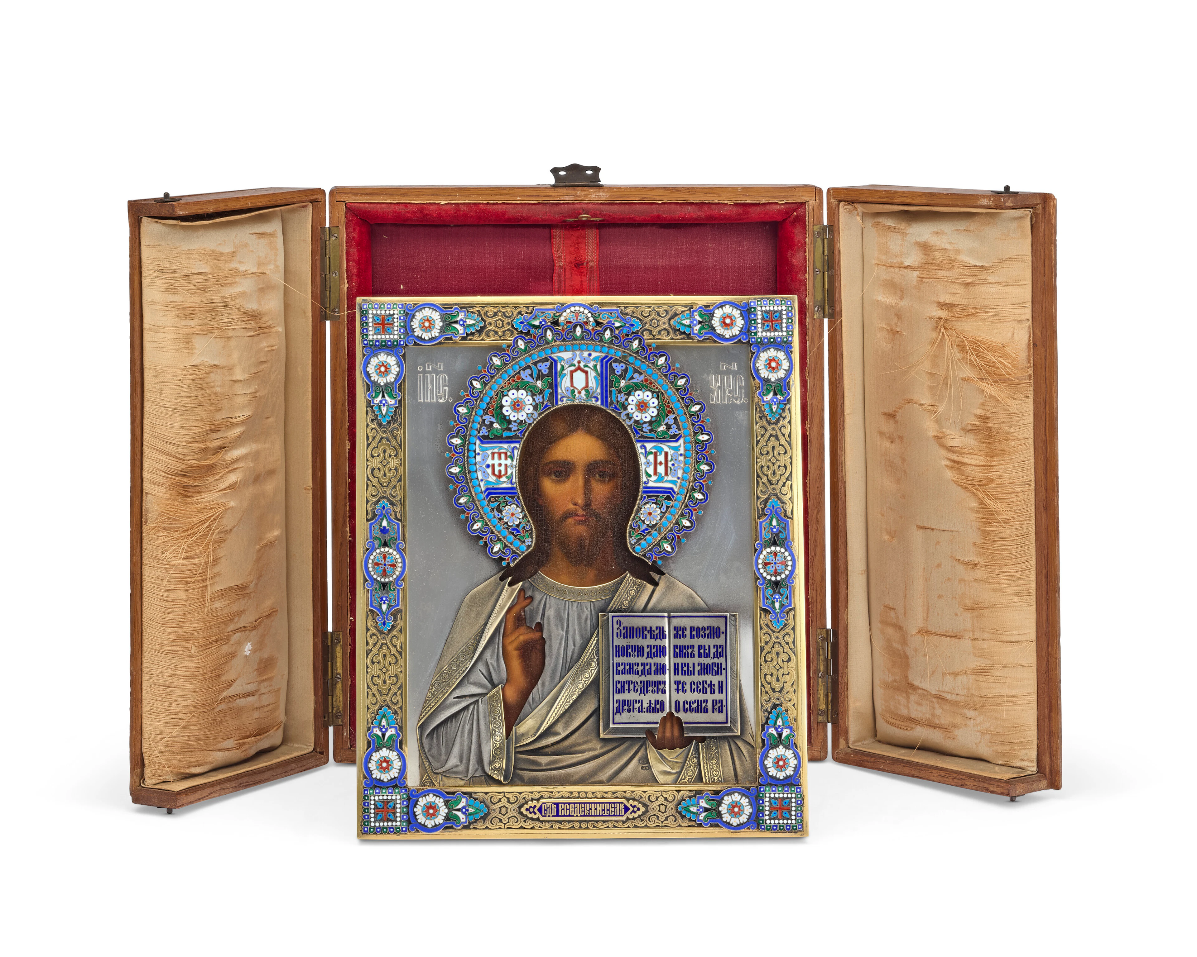 A Russian Cloisonné and Champlevé Enamel, Parcel-Gilt Silver Icon