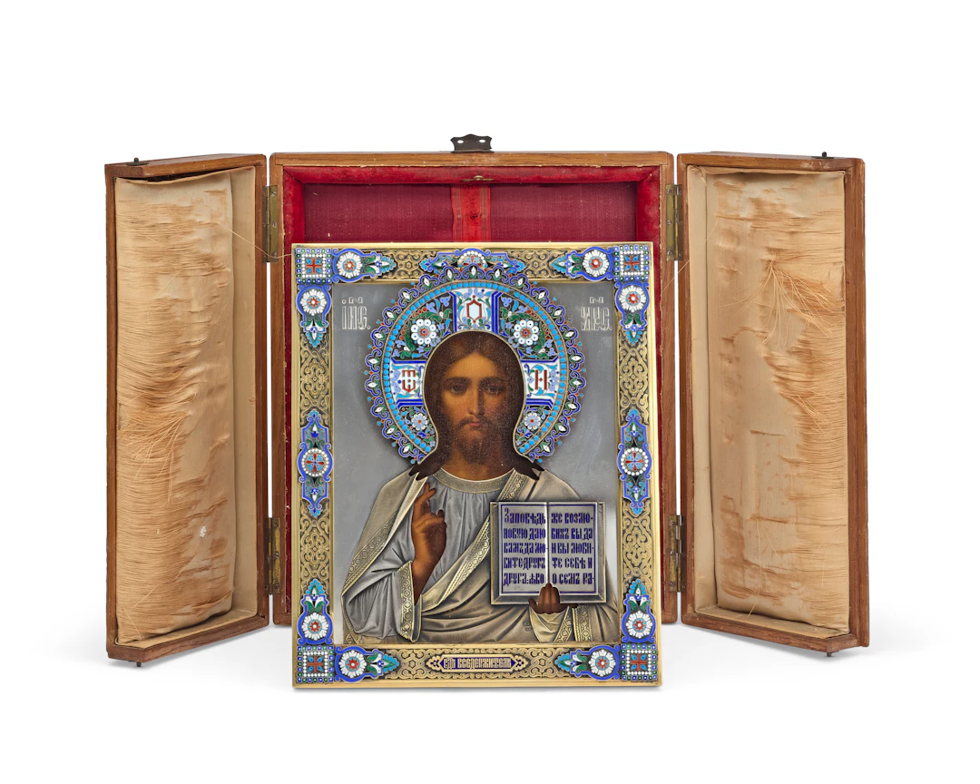 A Russian Cloisonné and Champlevé Enamel, Parcel-Gilt Silver Icon