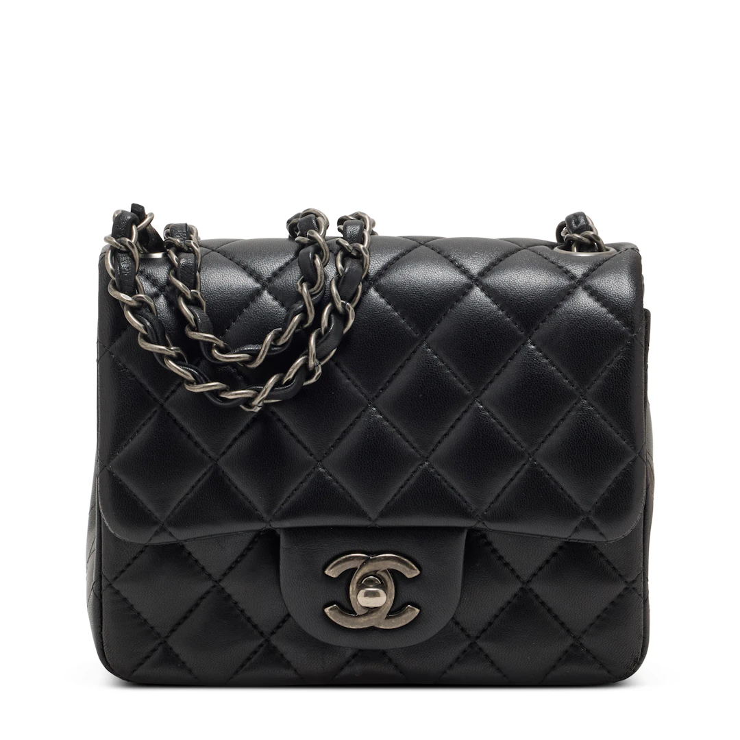 A Black Quilted Lambskin Leather Mini Square Classic Flap Bag with