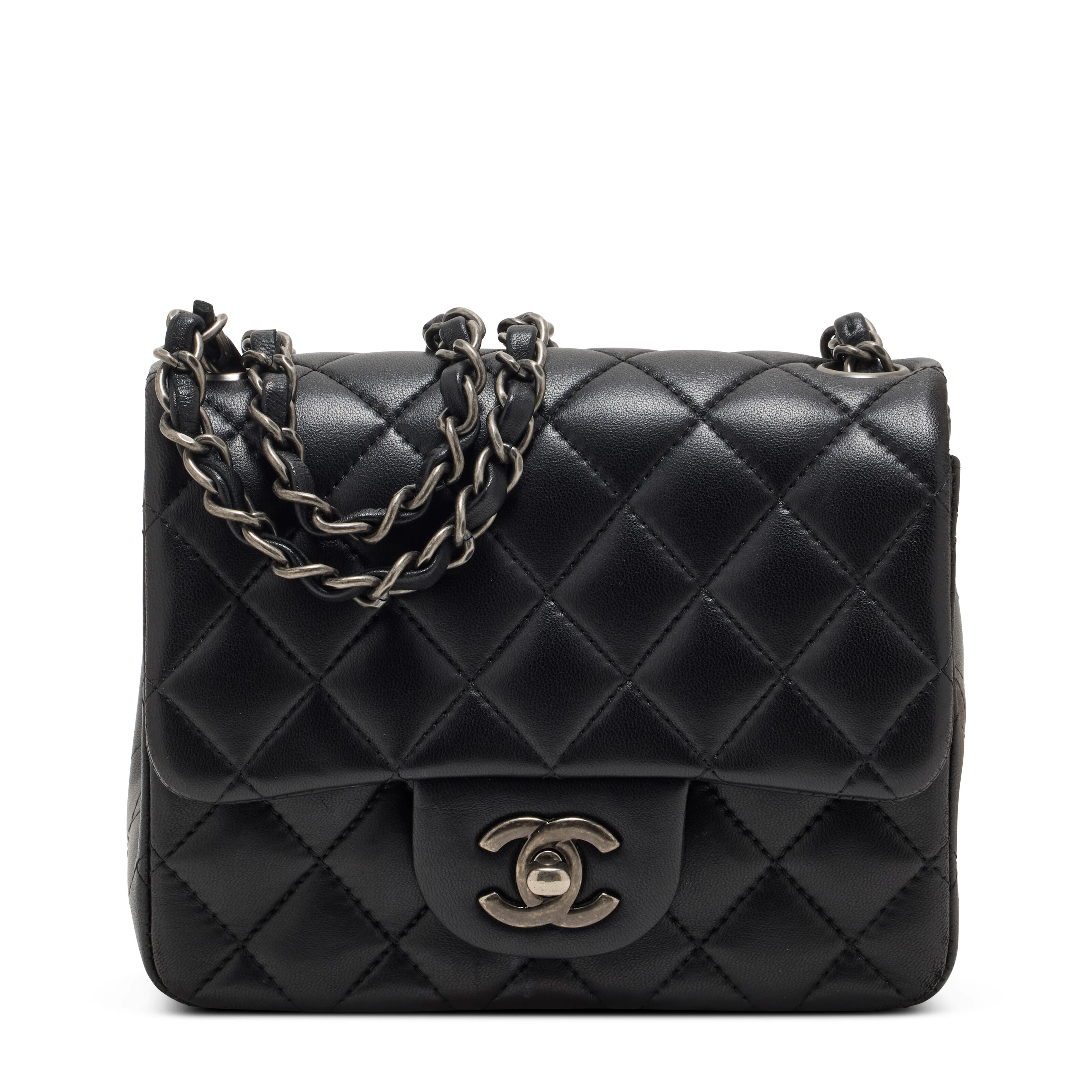 A Black Quilted Lambskin Leather Mini Square Classic Flap Bag with