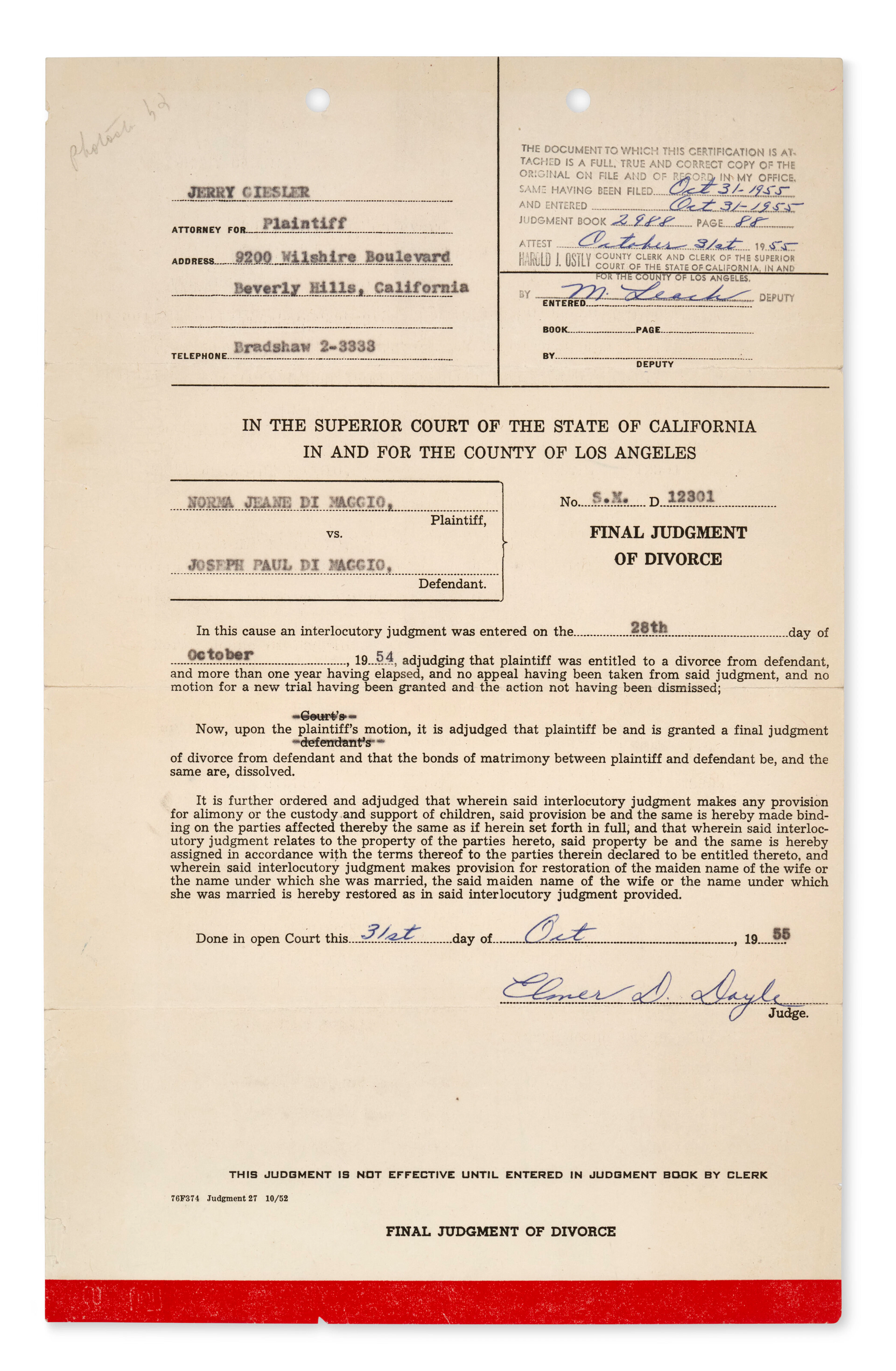 FINAL JUDGMENT OF DIVORCE BETWEEN MARILYN MONROE AND JOE DIMAGGIO
