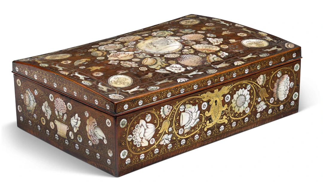 A Louis Xiv Pearwood, Mother-Of-Pearl and Brass-Inlaid Box