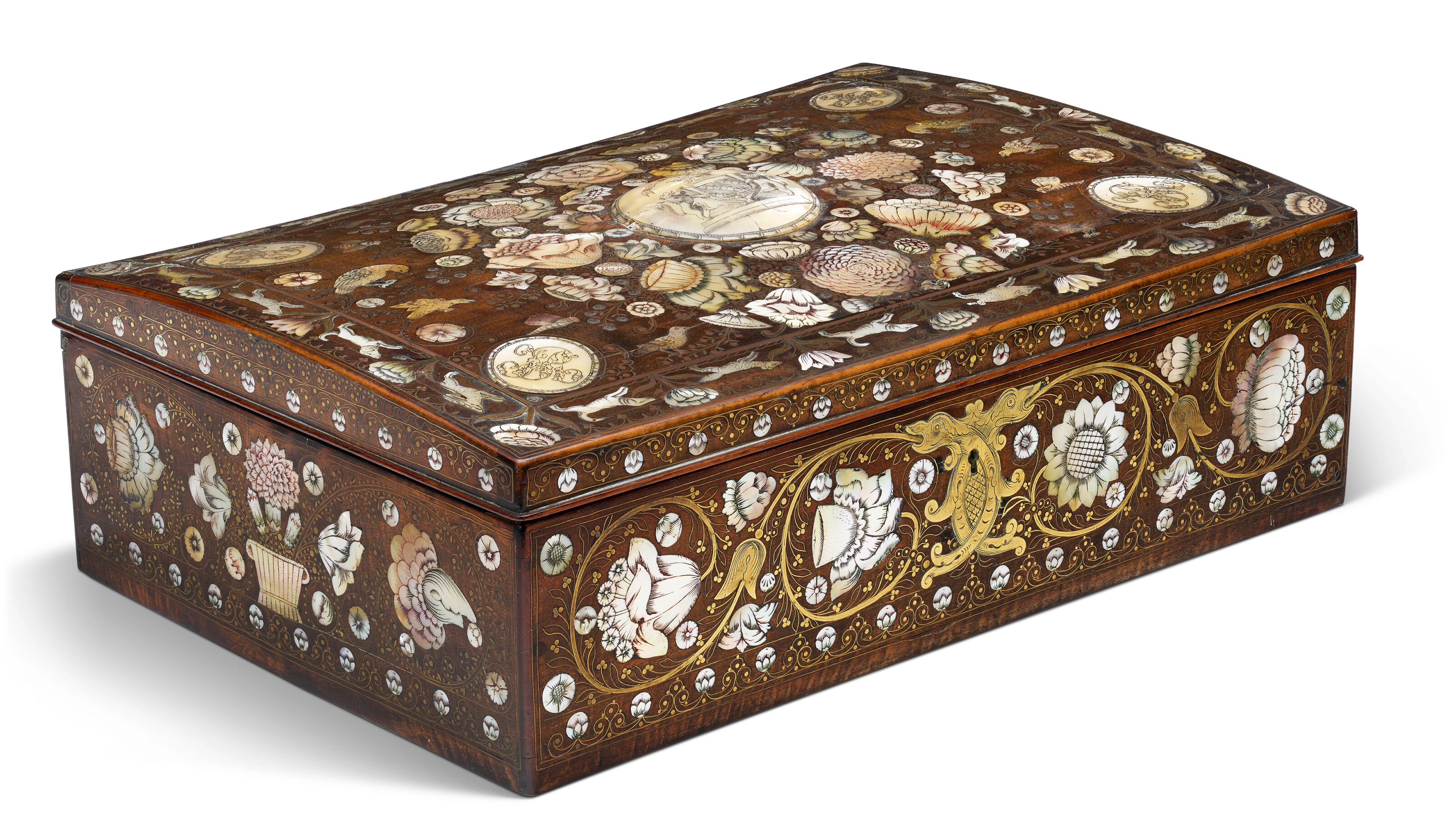 A Louis Xiv Pearwood, Mother-Of-Pearl and Brass-Inlaid Box
