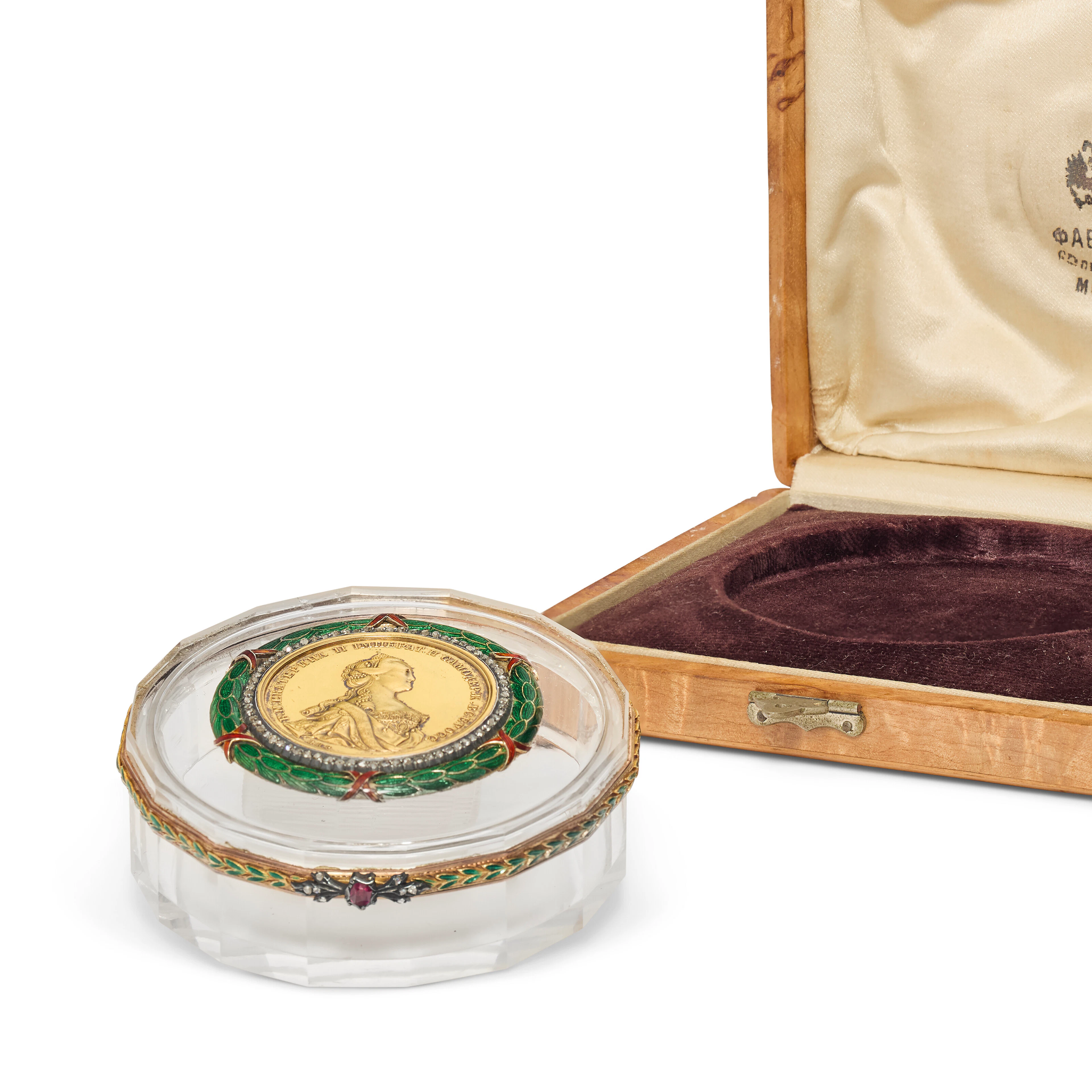 A Jeweled and Enamel Gold-Mounted Rock Crystal Bonbonnière