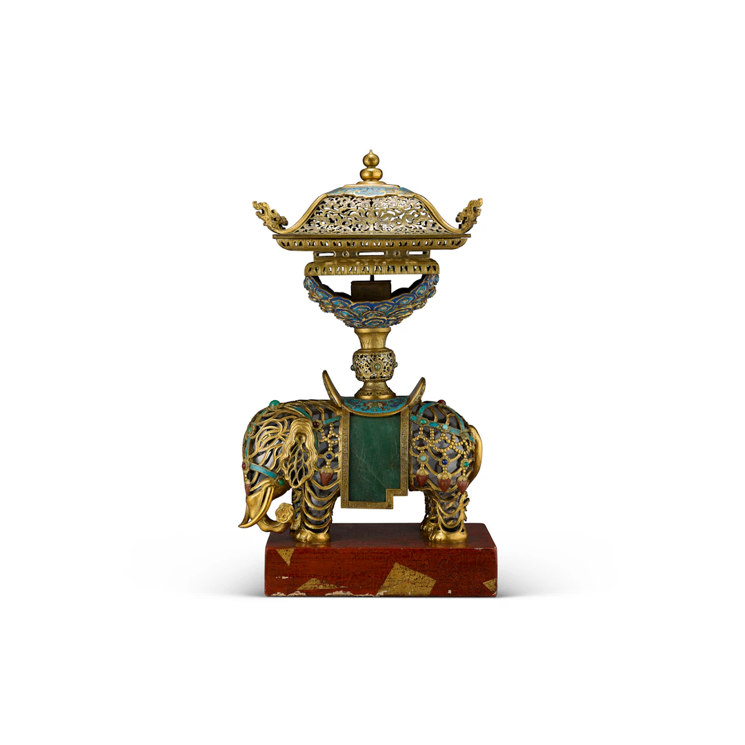 An Inlaid Gilt-Bronze, Cloisonné and Champlevé Enamel Elephant-Form Candlestick