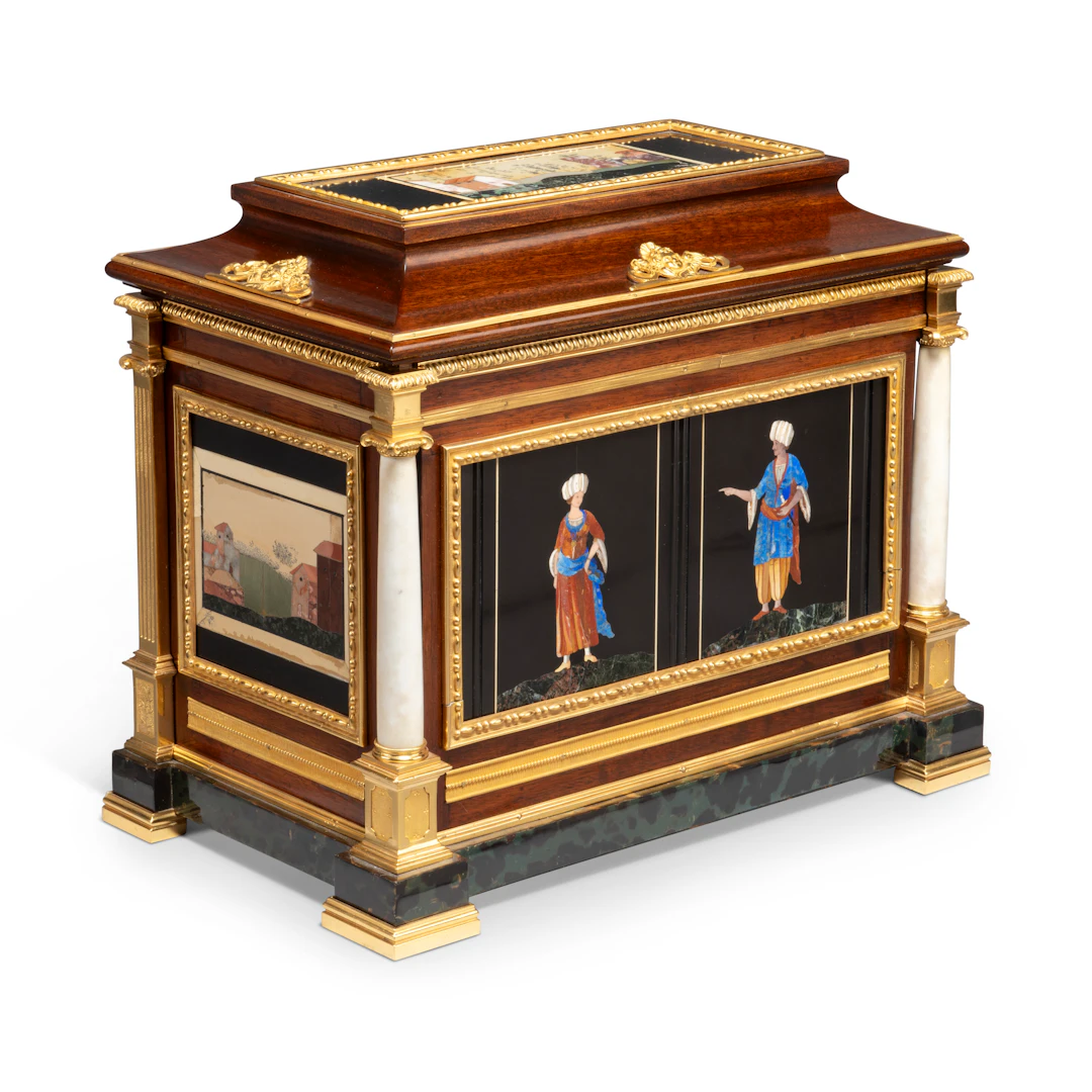 A German Ormolu and Pietra Dura-Mounted Mahogany and White Marble Casket