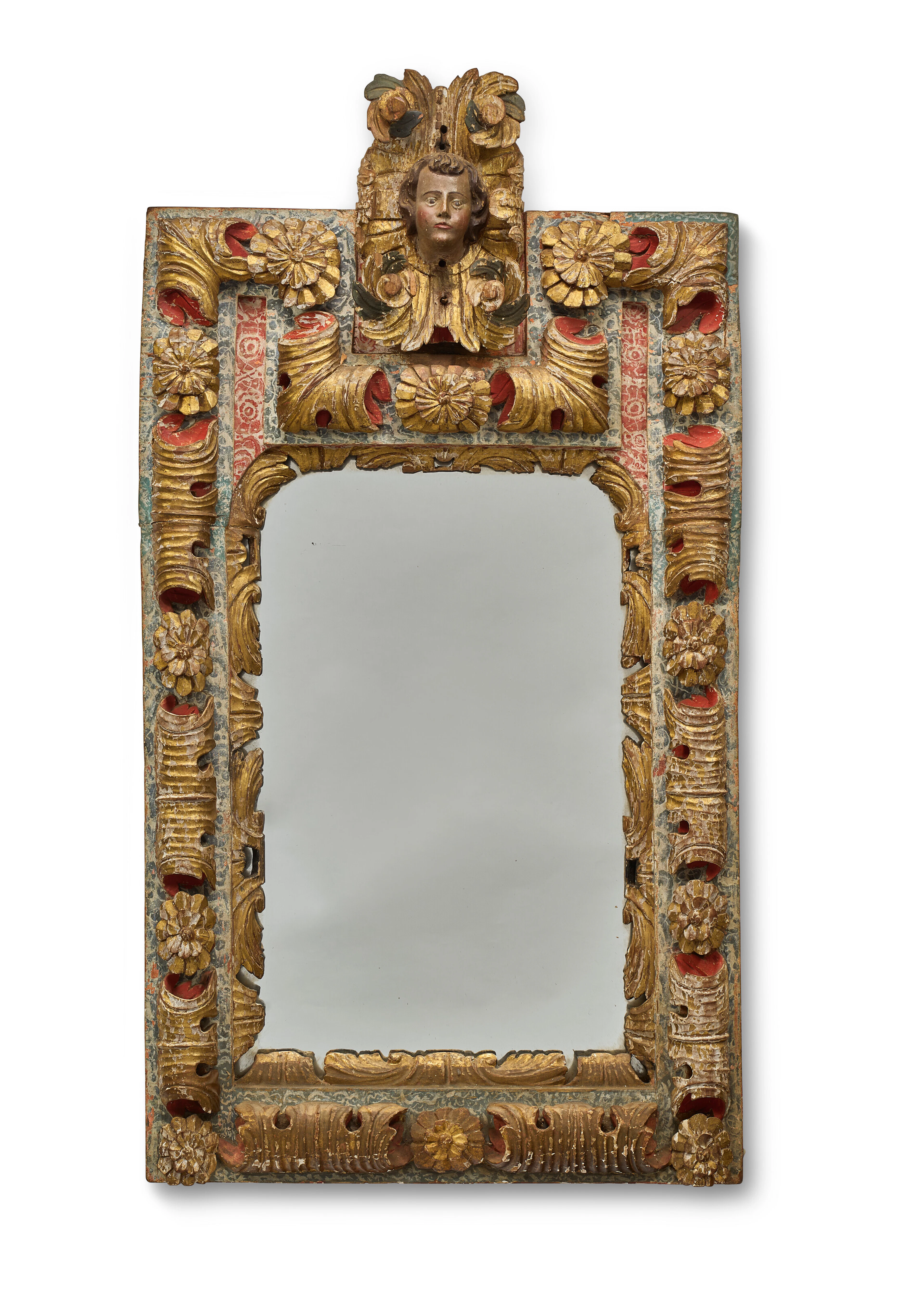 A Spanish Colonial Polychrome-Decorated and Parcel-Gilt Mirror