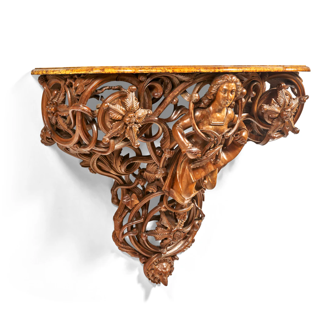 A Large Italian Carved Walnut Figural Wall Bracket