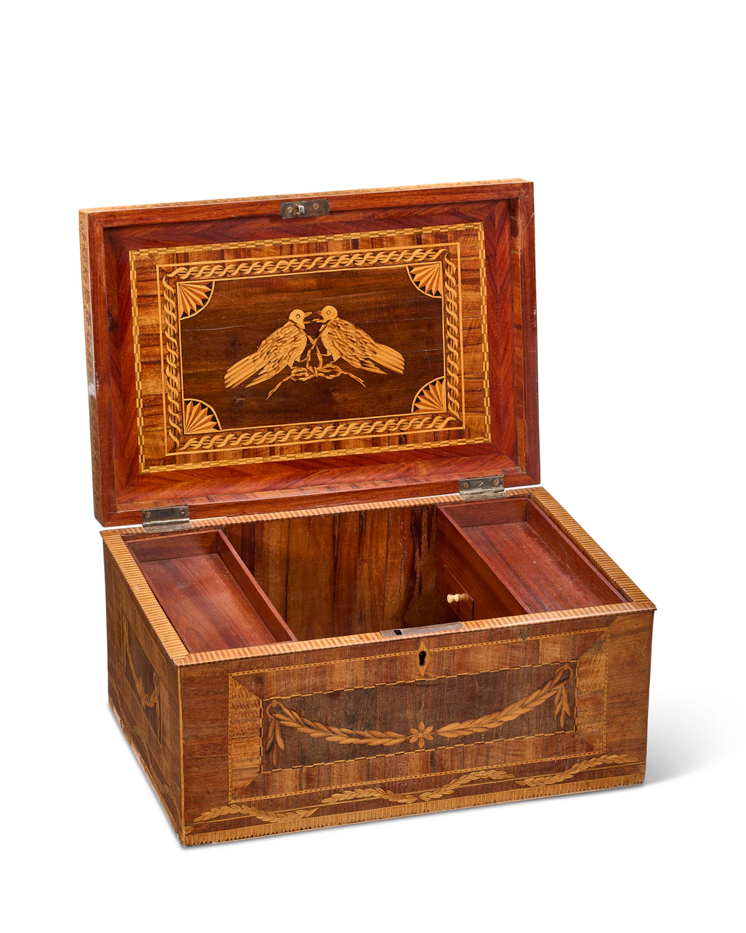 A Spanish Amaranth, Fruitwood and Marquetry Marriage Casket