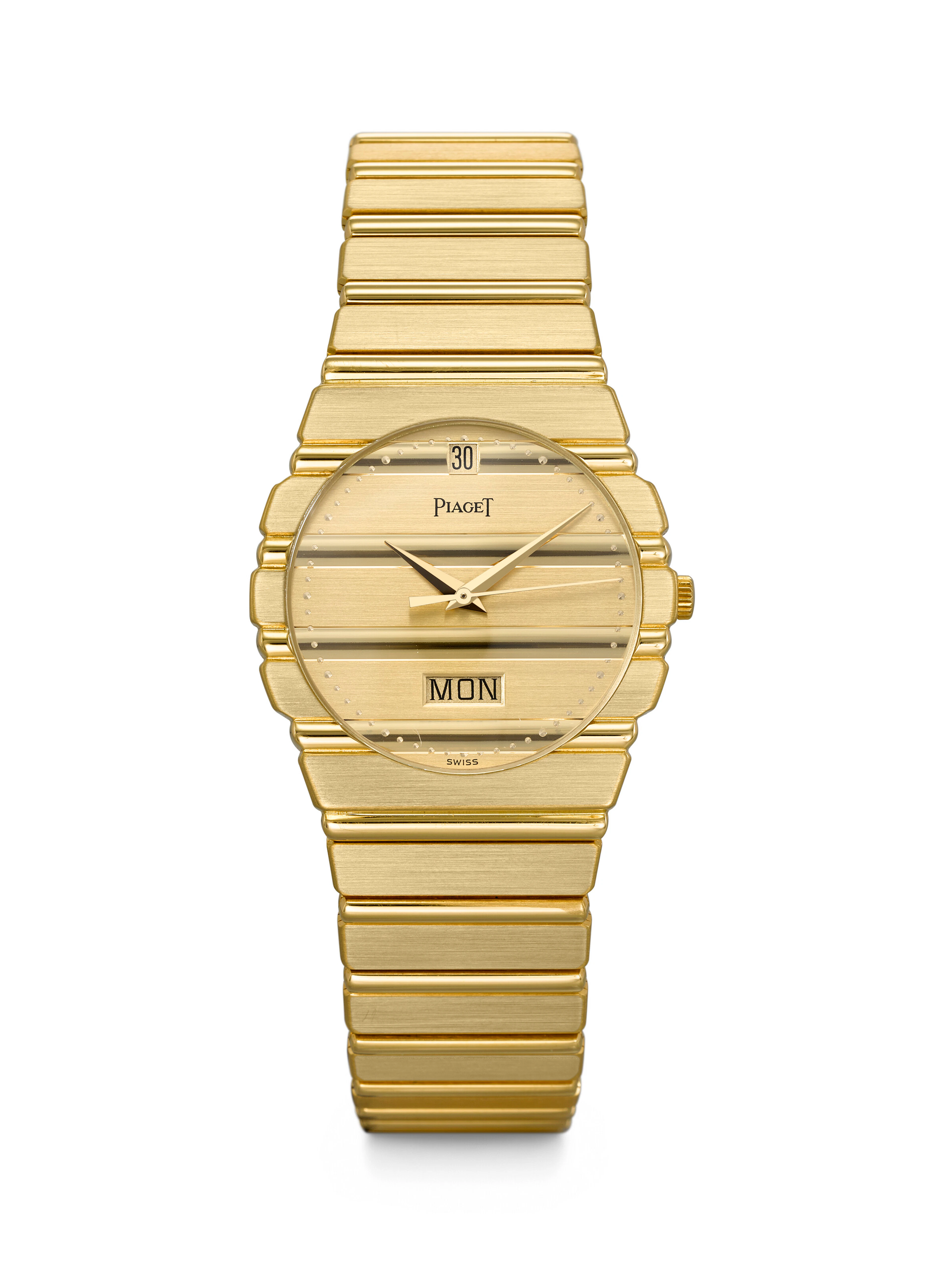 PIAGET. AN ATTRACTIVE 18K GOLD QUARTZ WRISTWATCH WITH DAY, DATE AND BRACELET