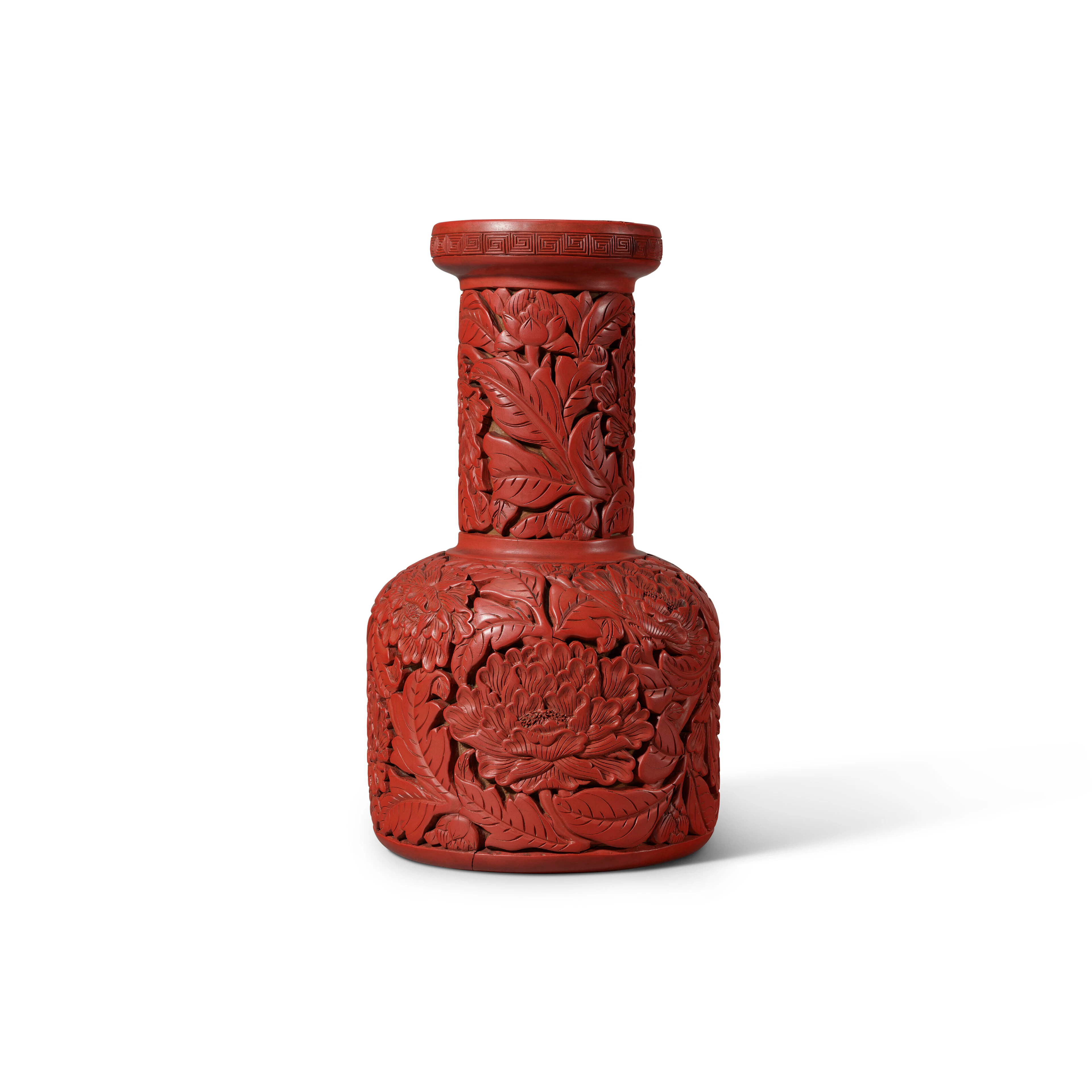An Extremely Rare and Finely Carved Cinnabar Lacquer 'Floral' Mallet Vase