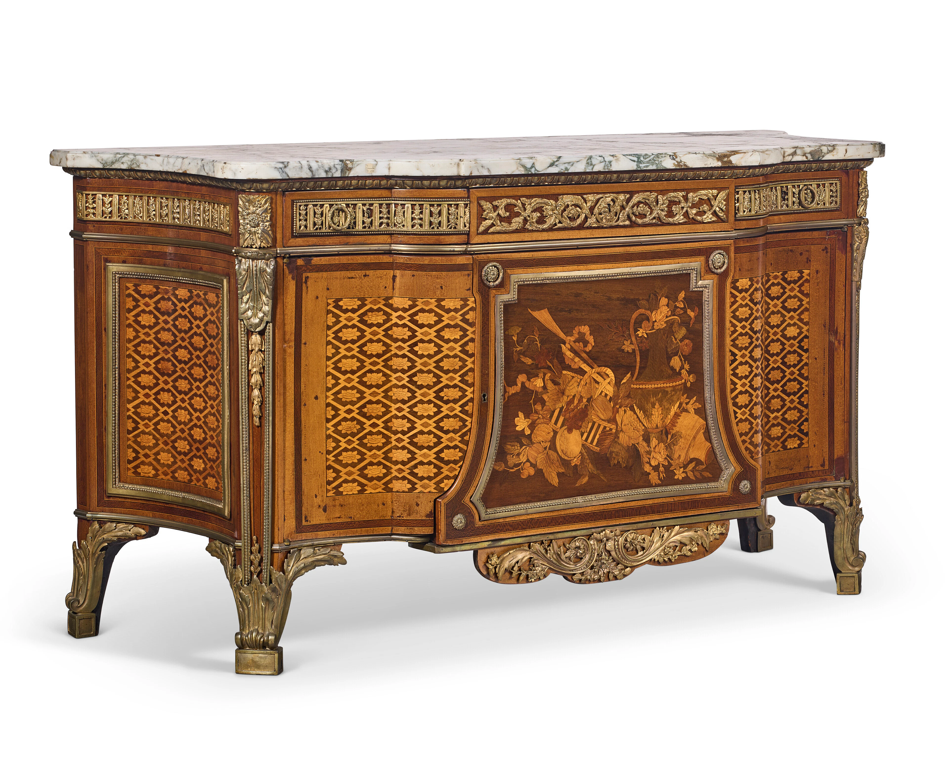 A French Ormolu-Mounted Mahogany, Marquetry and Parquetry Commode