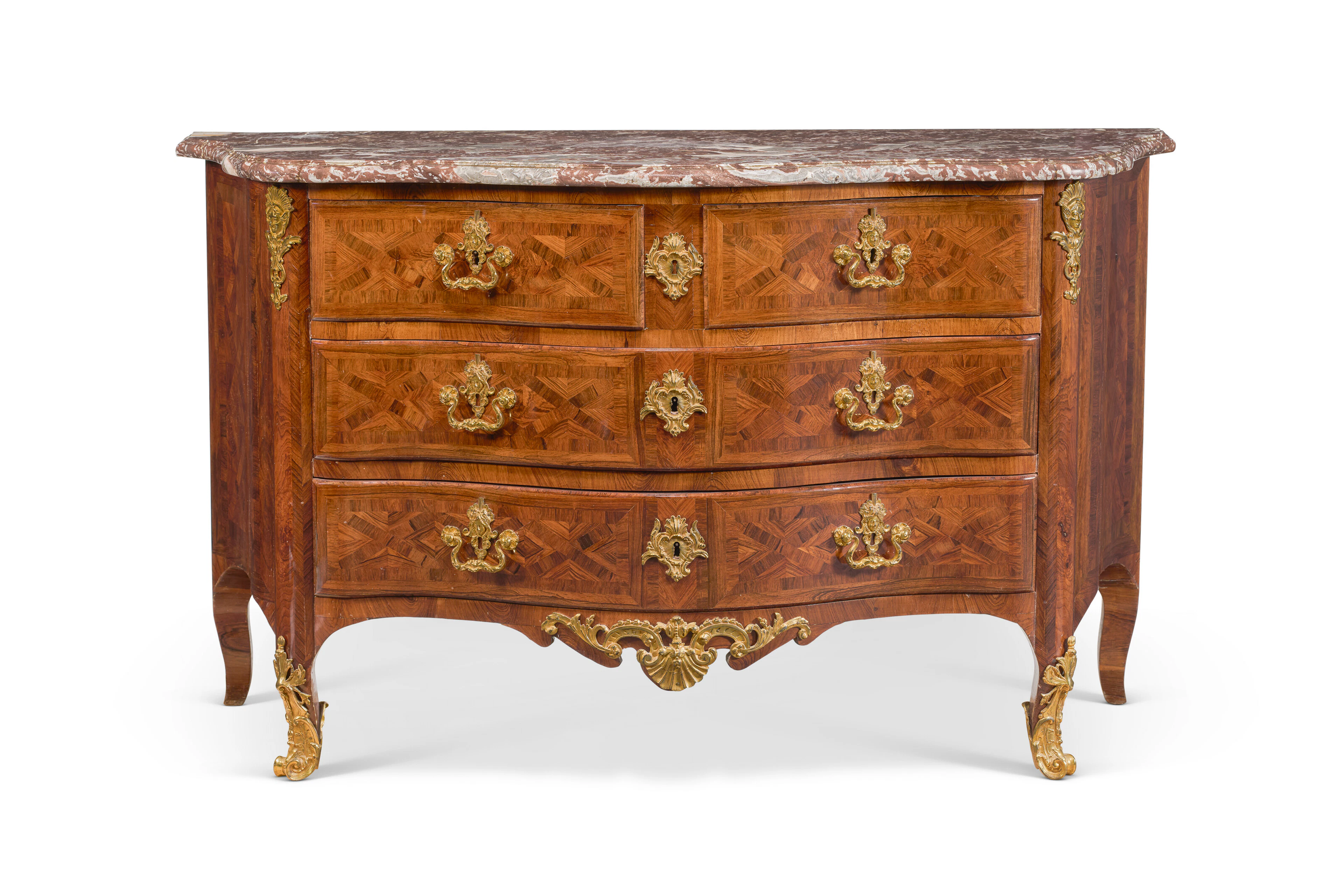 An Early Louis Xv Ormolu-Mounted Kingwood, Tulipwood and Parquetry Commode