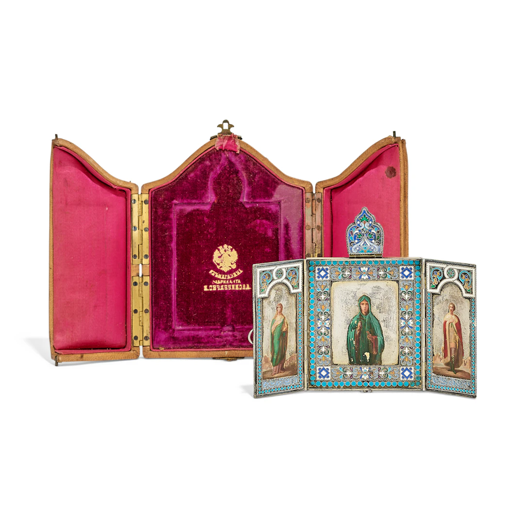 A Russian Cloisonné Enamel Silver Triptych Pendant Icon