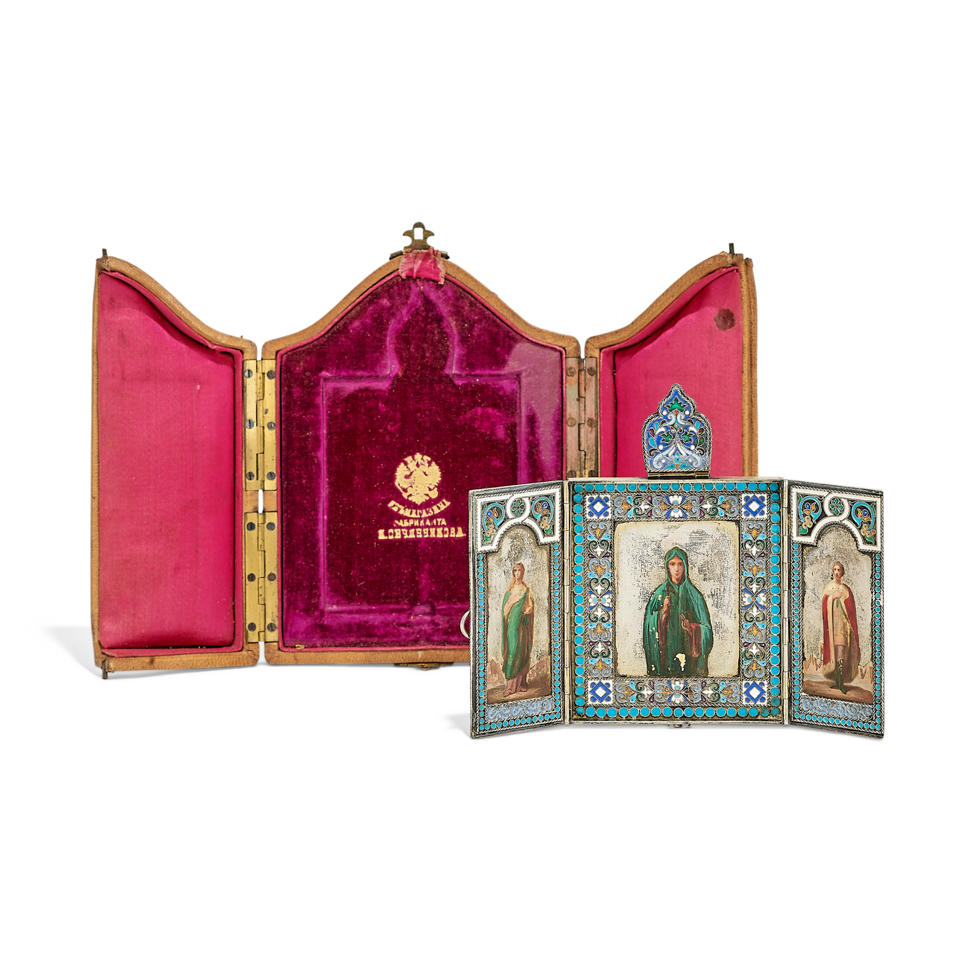 A Russian Cloisonné Enamel Silver Triptych Pendant Icon