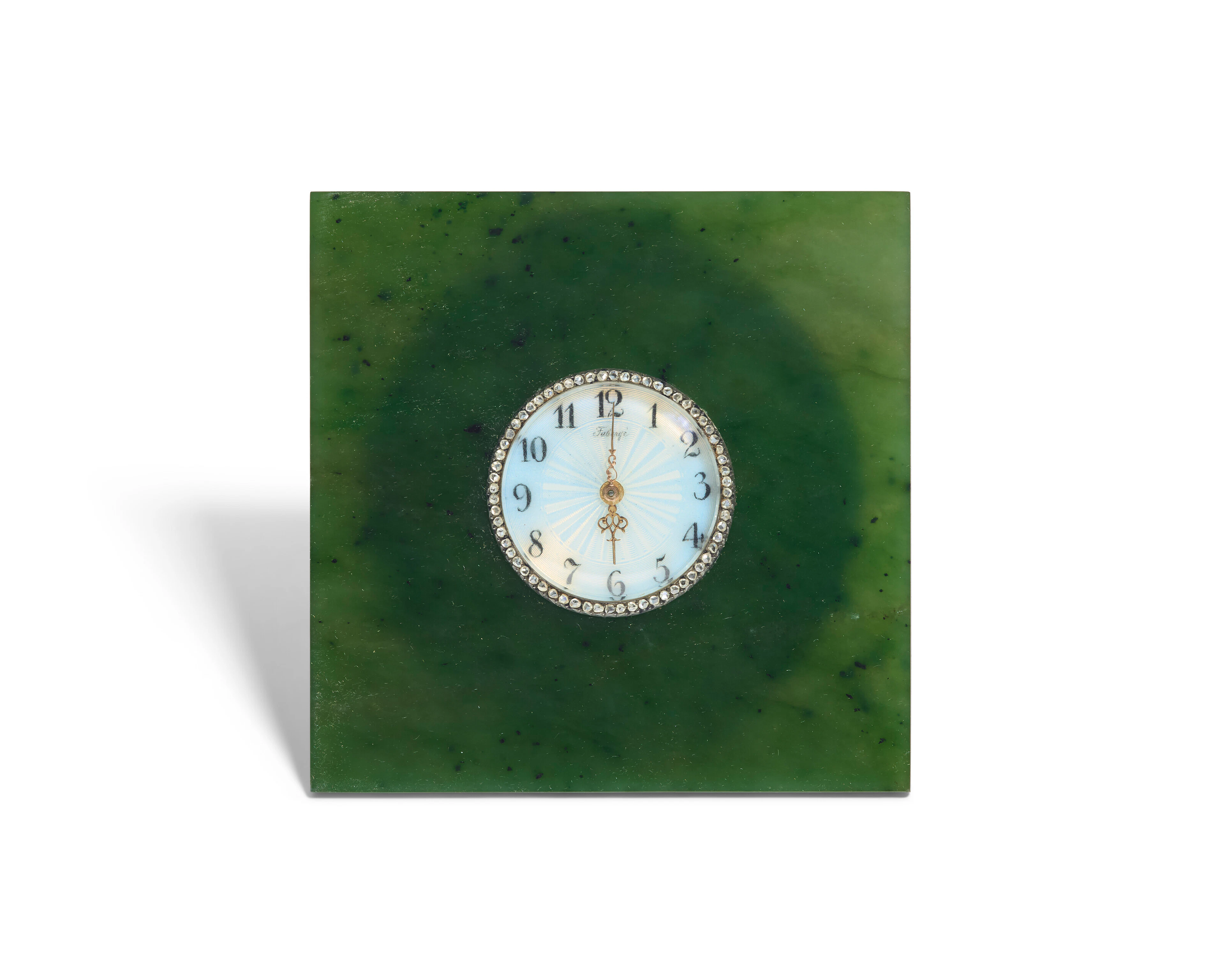 A Jeweled and Guilloché Enamel Silver-Mounted Nephrite Miniature Desk Clock