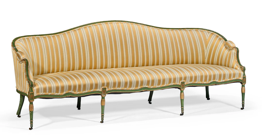 A George Iii Green-Painted and Parcel-Gilt Settee