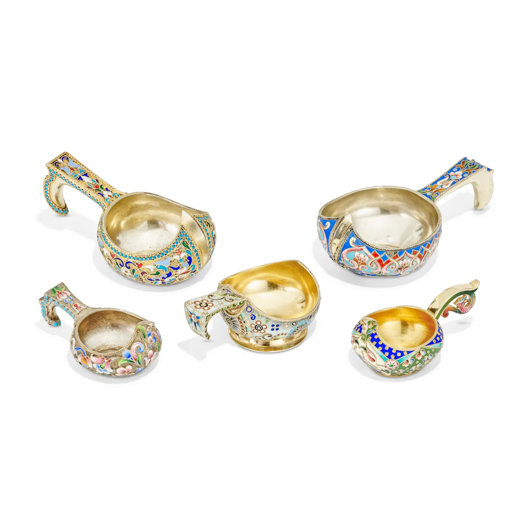 A Group of Five Russian Silver-Gilt and Cloisonné Enamel Small Kovshi