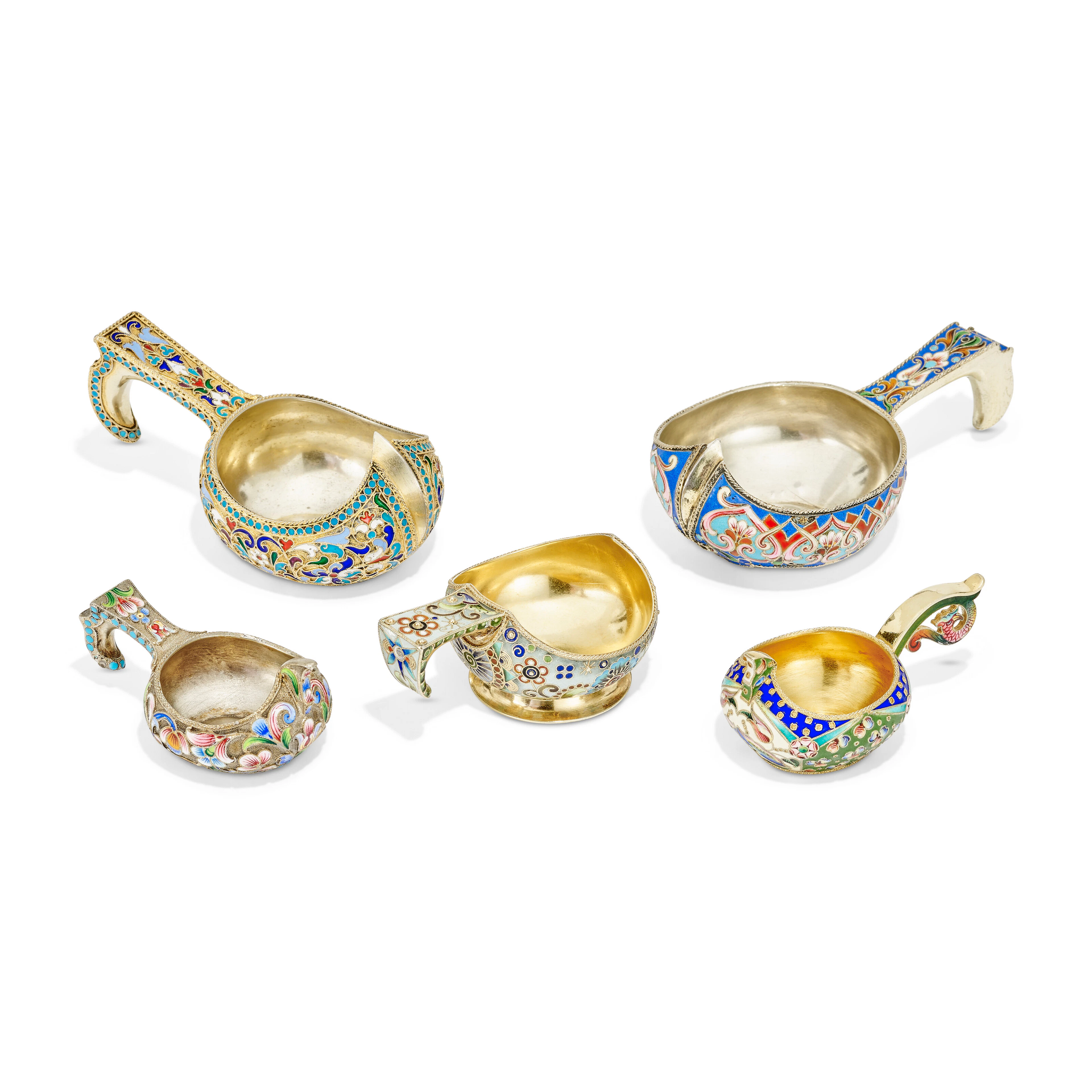 A Group of Five Russian Silver-Gilt and Cloisonné Enamel Small Kovshi