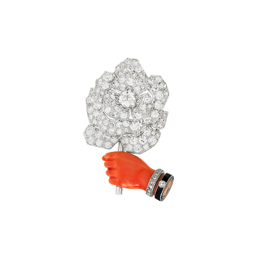 Cartier Diamond, Coral and Enamel Brooch