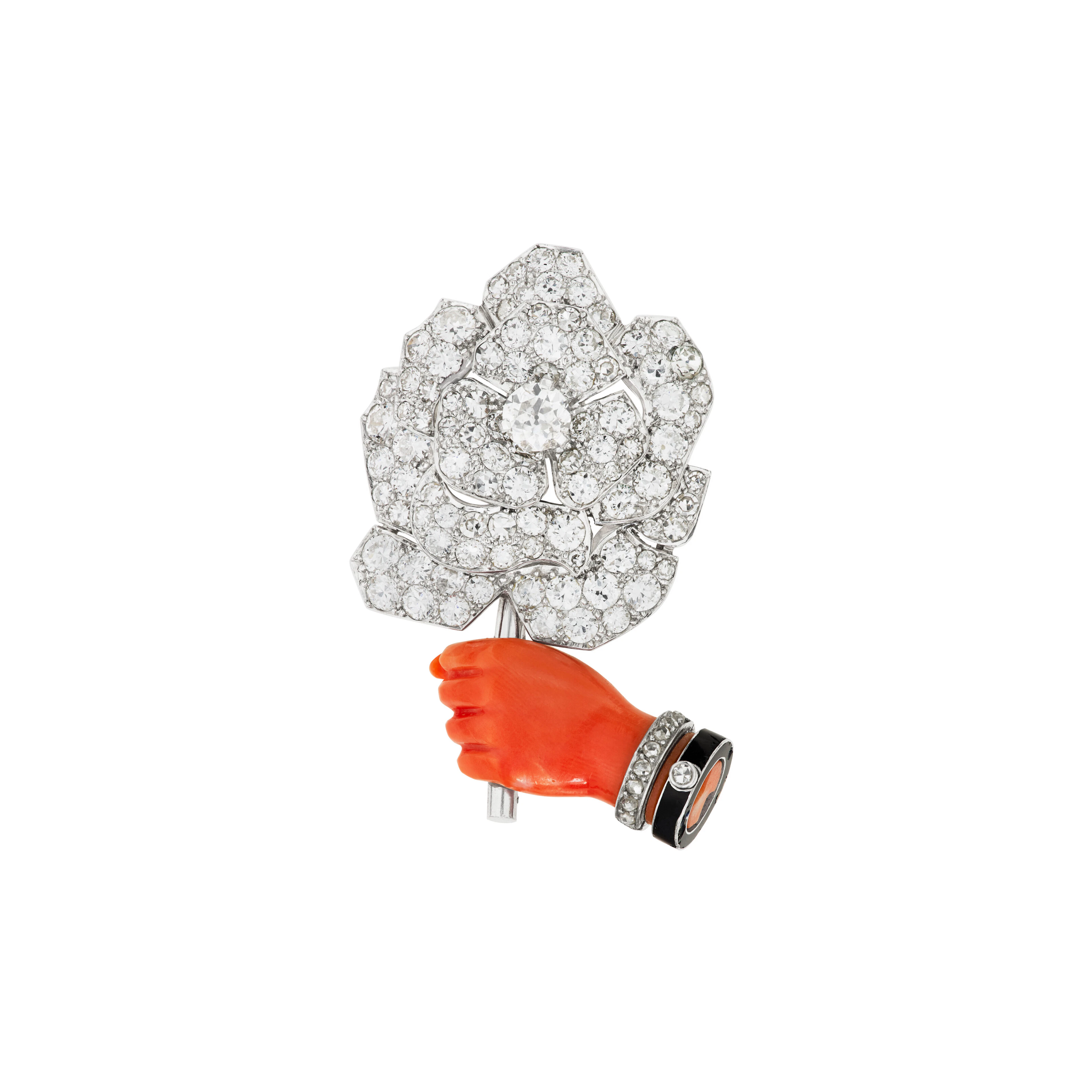 Cartier Diamond, Coral and Enamel Brooch