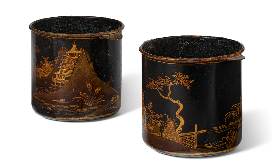 A Pair of Louis Xv Black and Gilt Decorated Tole Cache-Pots