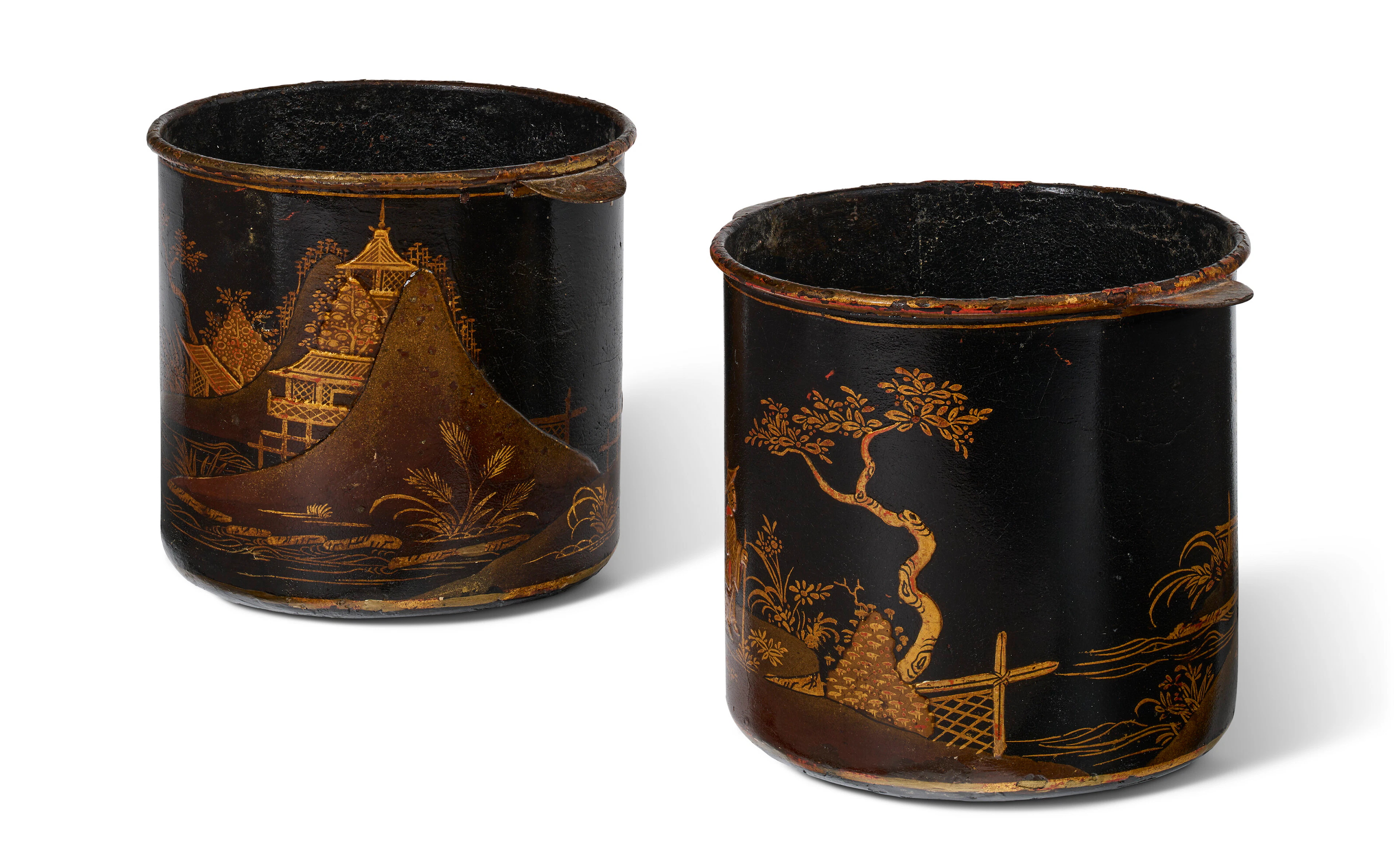 A Pair of Louis Xv Black and Gilt Decorated Tole Cache-Pots
