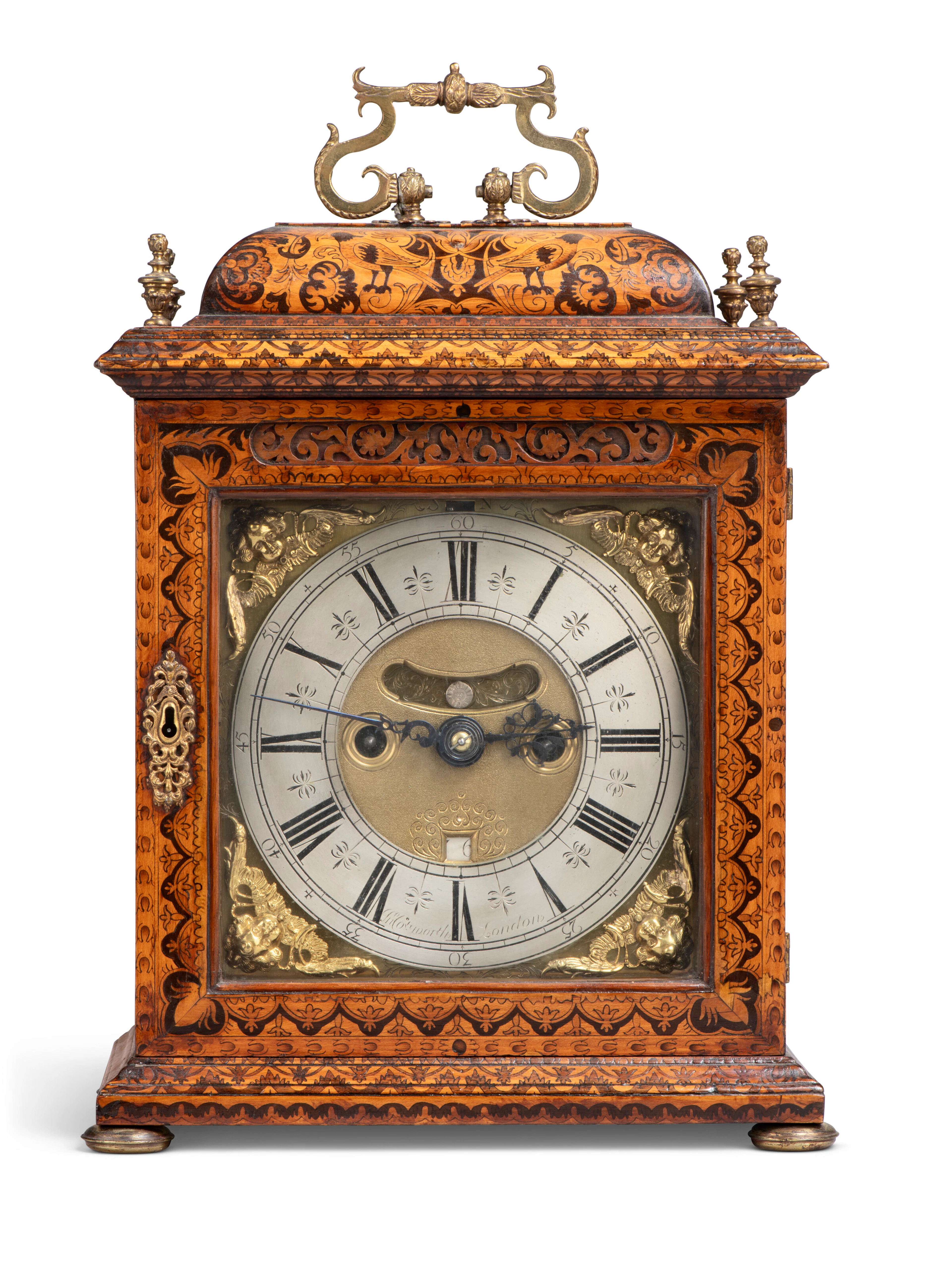 A William and Mary Marquetry and Fruitwood Striking Table Clock with