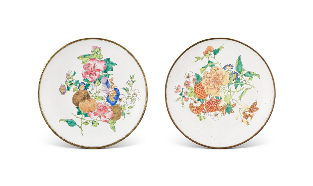 Two Rare Painted Enamel Ruby-Back 'Flower and Fruit' Saucer Dishes