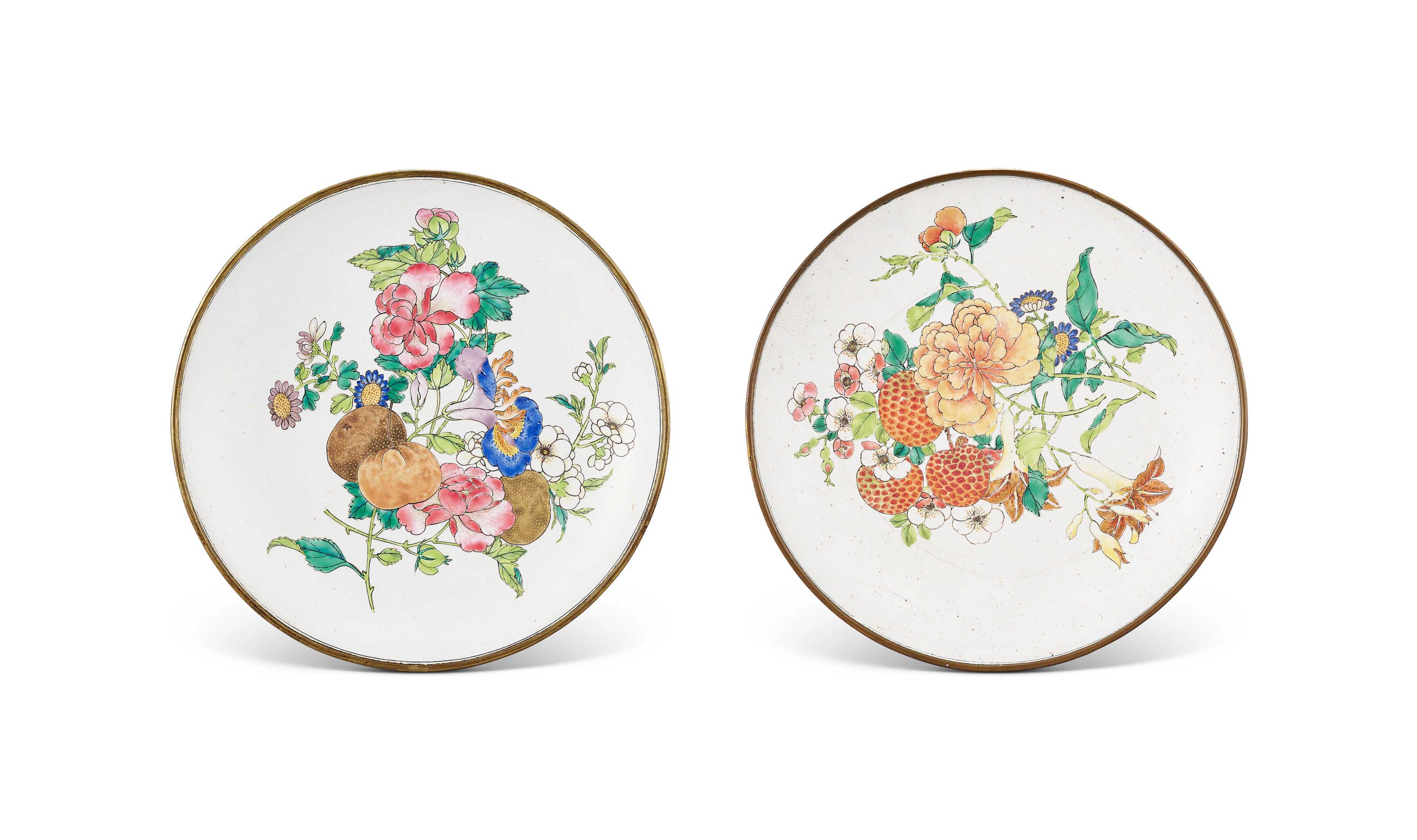 Two Rare Painted Enamel Ruby-Back 'Flower and Fruit' Saucer Dishes