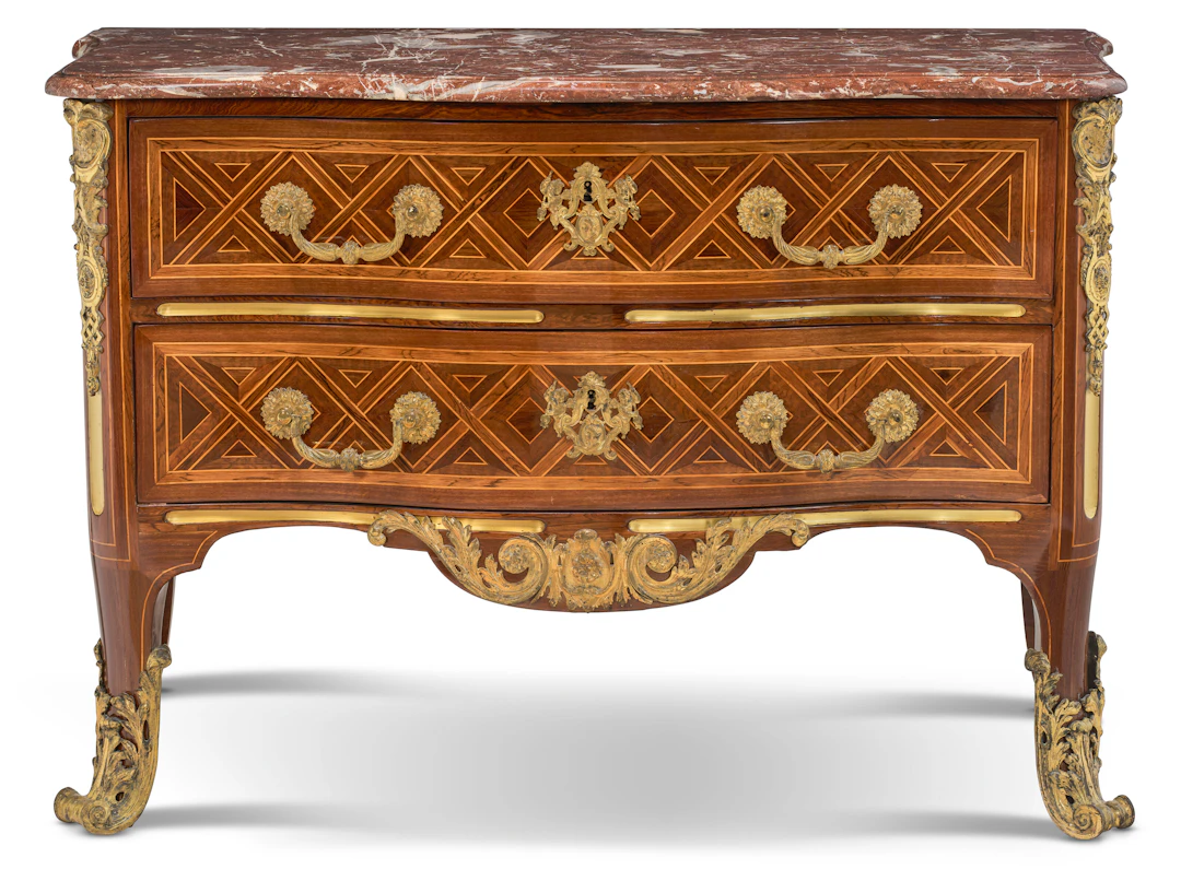 A Regence Lacquered Bronze-Mounted Amaranth, Kingwood and Parquetry Commode