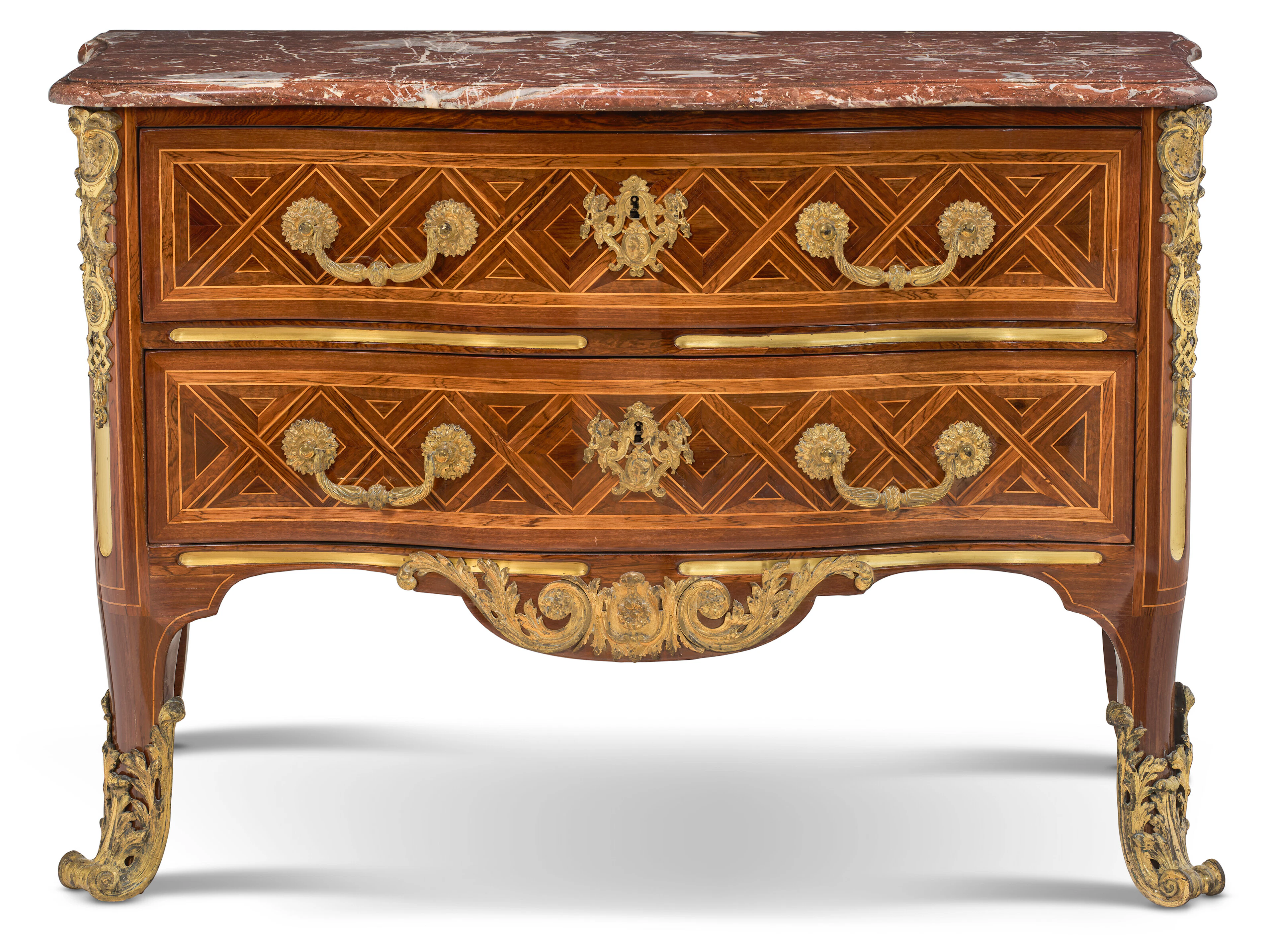 A Regence Lacquered Bronze-Mounted Amaranth, Kingwood and Parquetry Commode