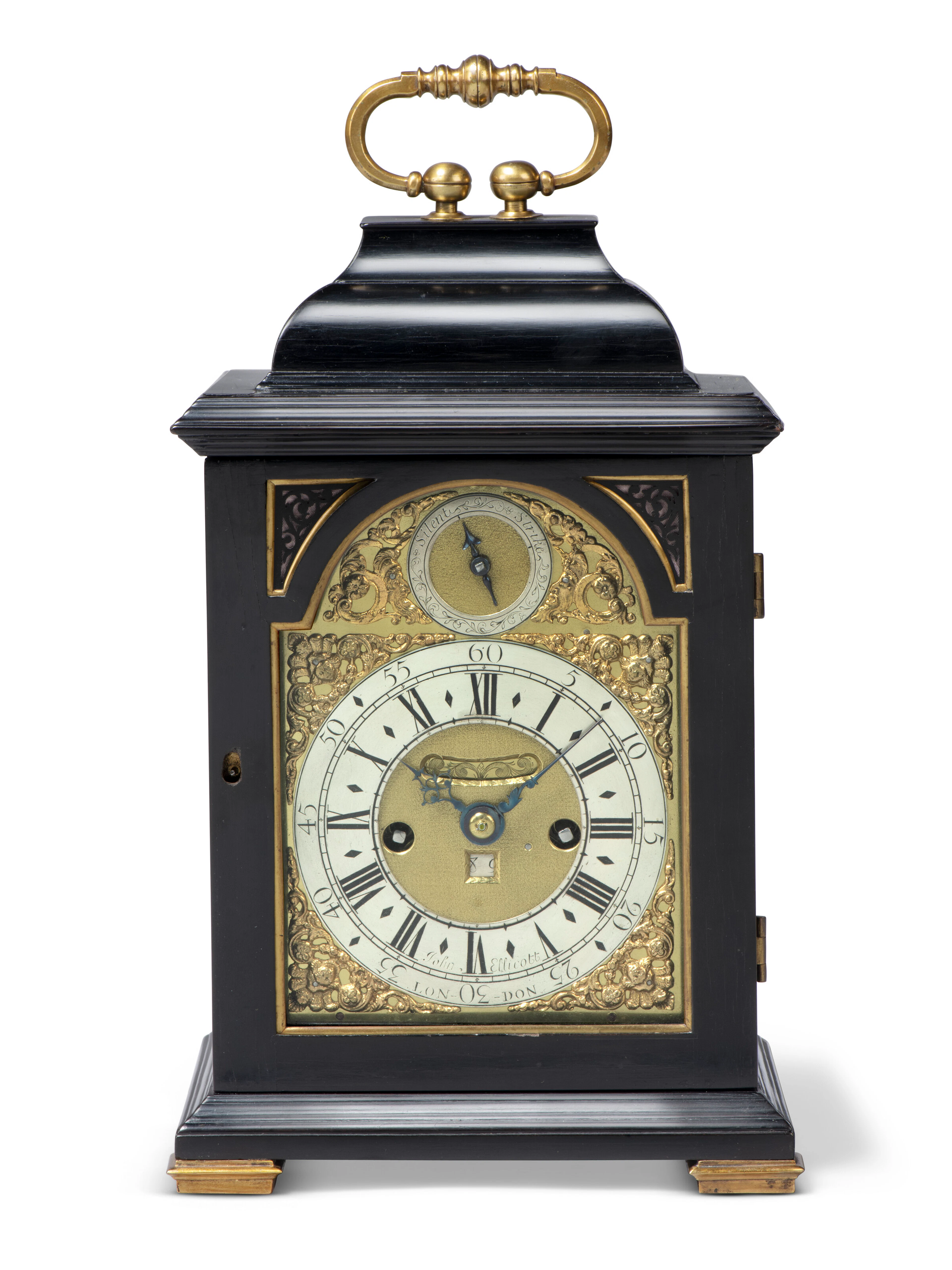 A George Ii Gilt-Brass Mounted Ebony Striking Table Clock of Small