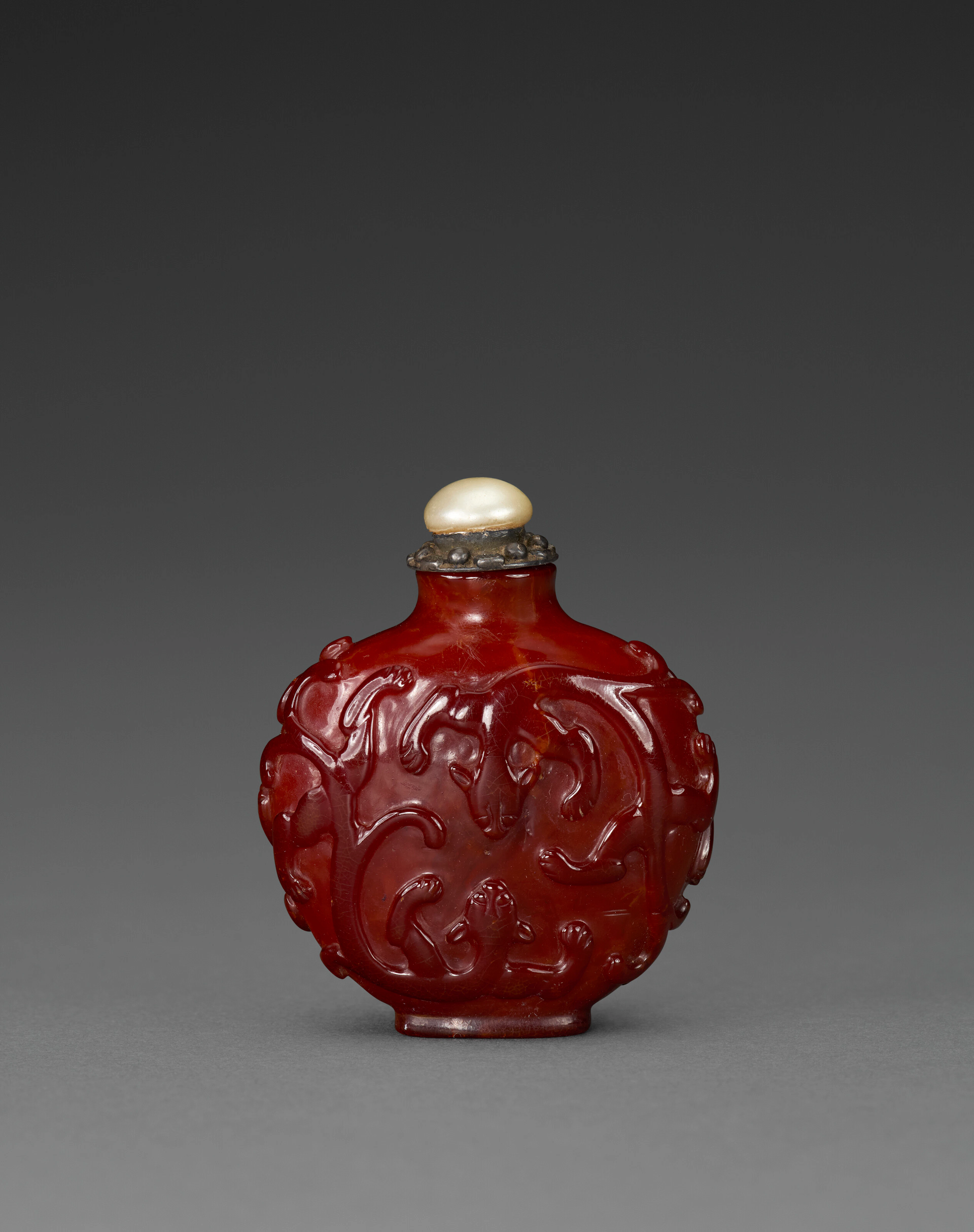 A Rare Carved Amber ' Chilong ' Snuff Bottle