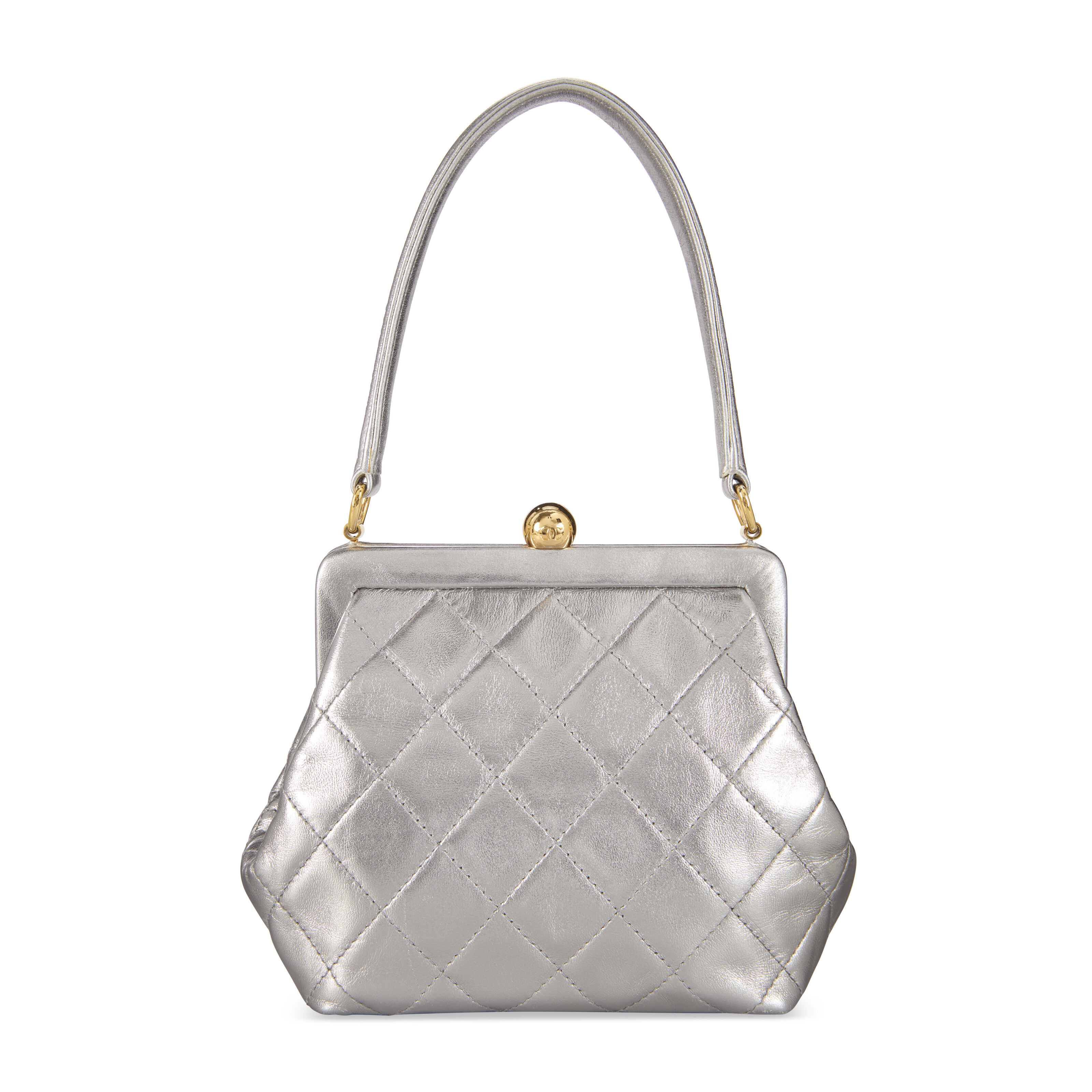 A Metallic Silver Quilted Lambskin Leather Frame Bag with Gold Hardware