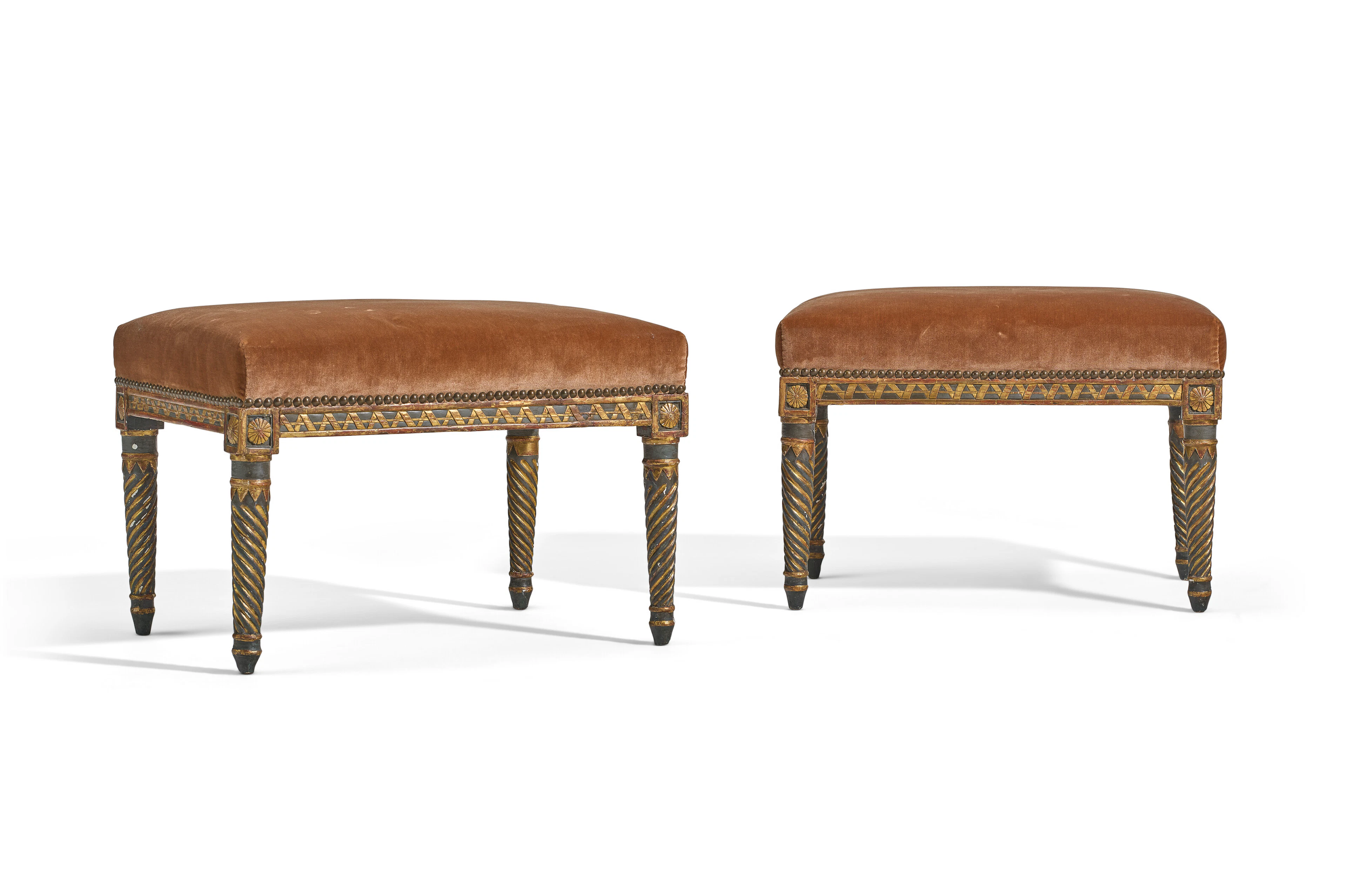 A PAIR OF DIRECTOIRE GREY-PAINTED AND PARCEL-GILT WANUT TABOURETS