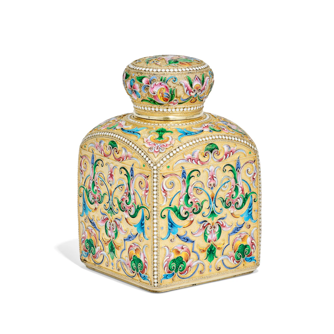 A Russian Silver-Gilt Cloisonné Enamel Tea Caddy