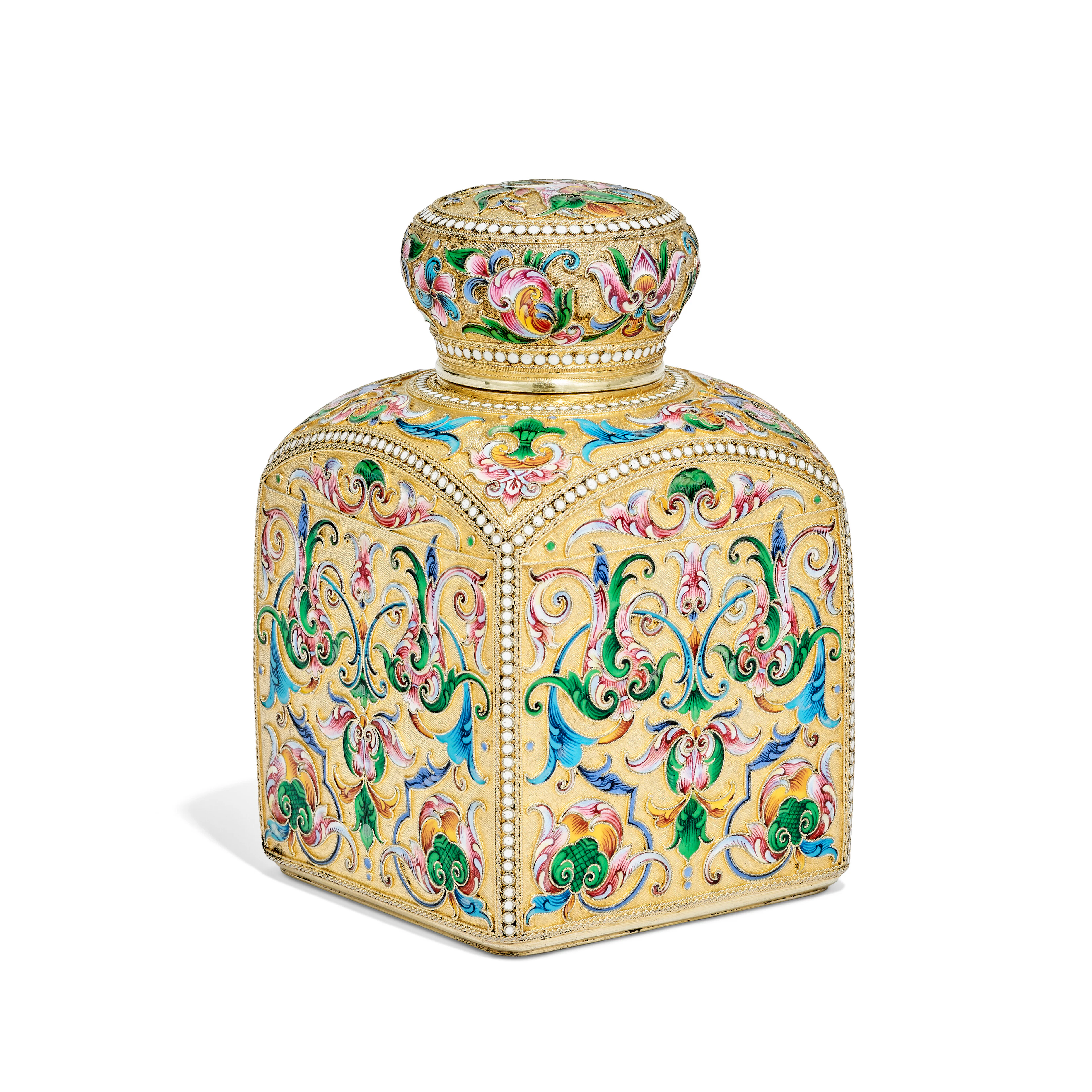 A Russian Silver-Gilt Cloisonné Enamel Tea Caddy
