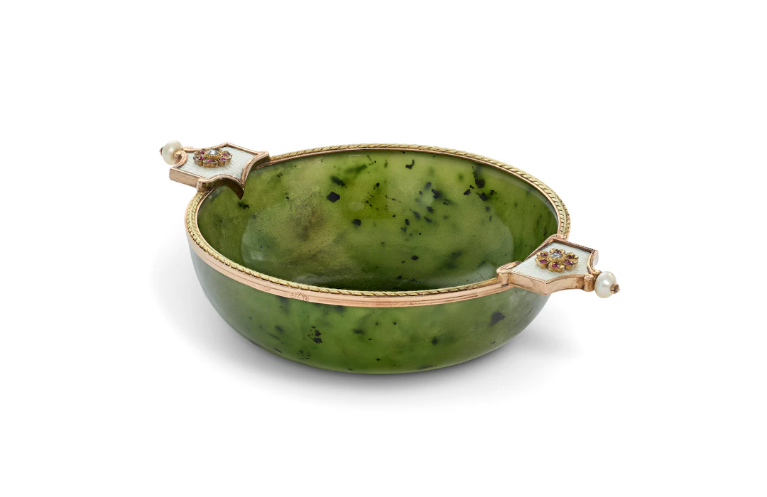 A Jeweled and Guilloché Enamel Gold-Mounted Nephrite Bowl