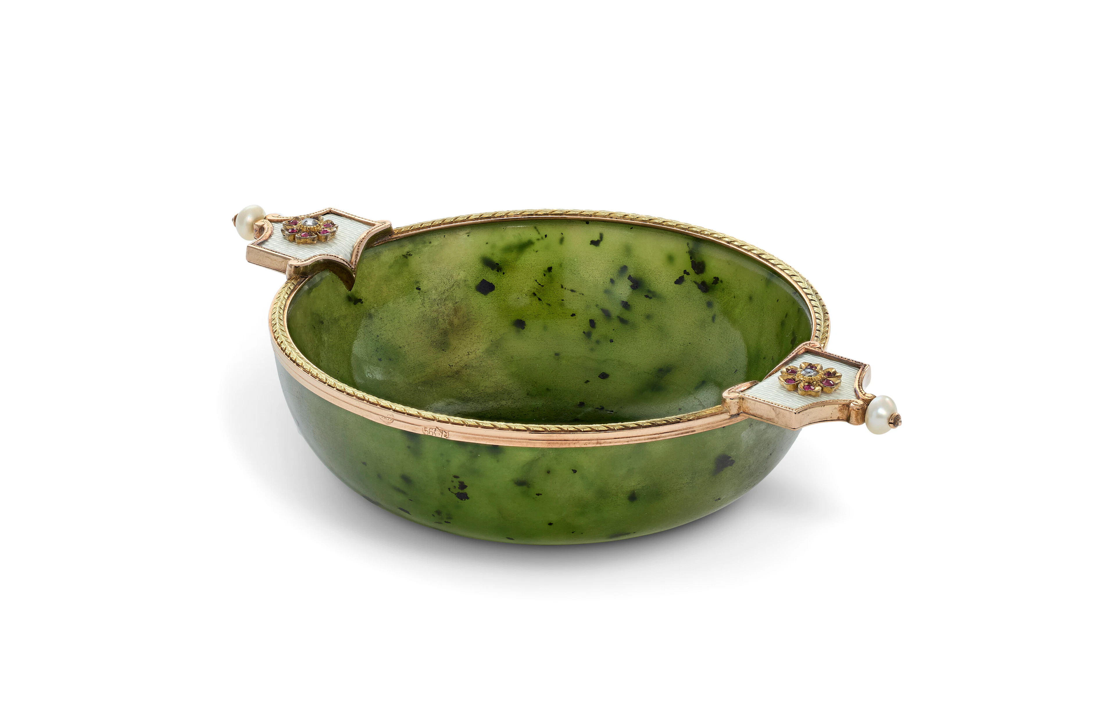 A Jeweled and Guilloché Enamel Gold-Mounted Nephrite Bowl