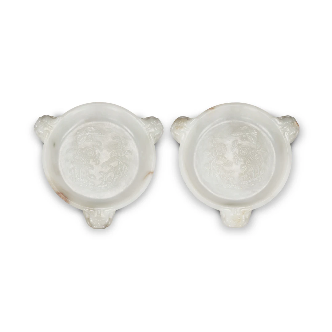 A Pair of Greenish-White Jade ‘Floral’ Dishes