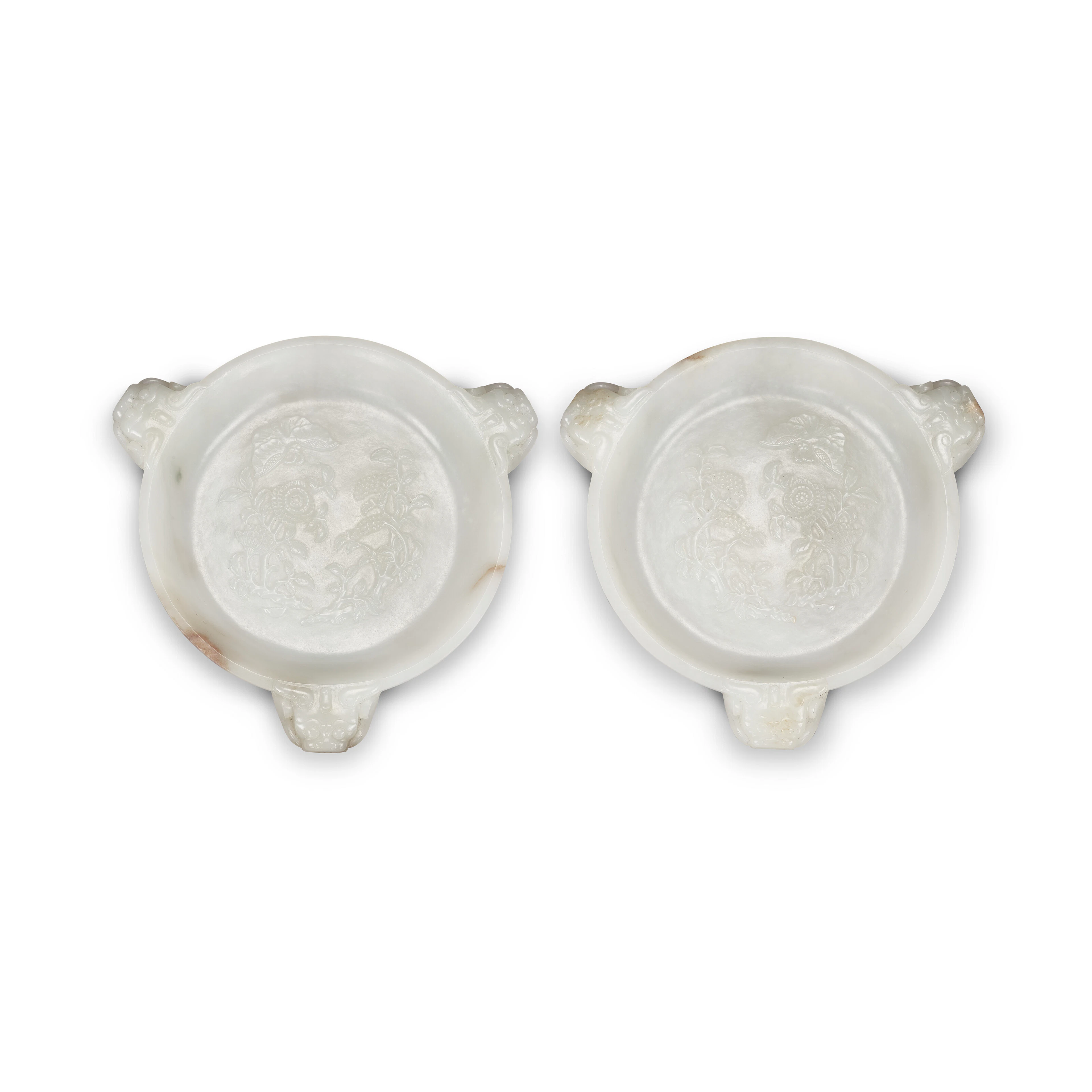 A Pair of Greenish-White Jade ‘Floral’ Dishes
