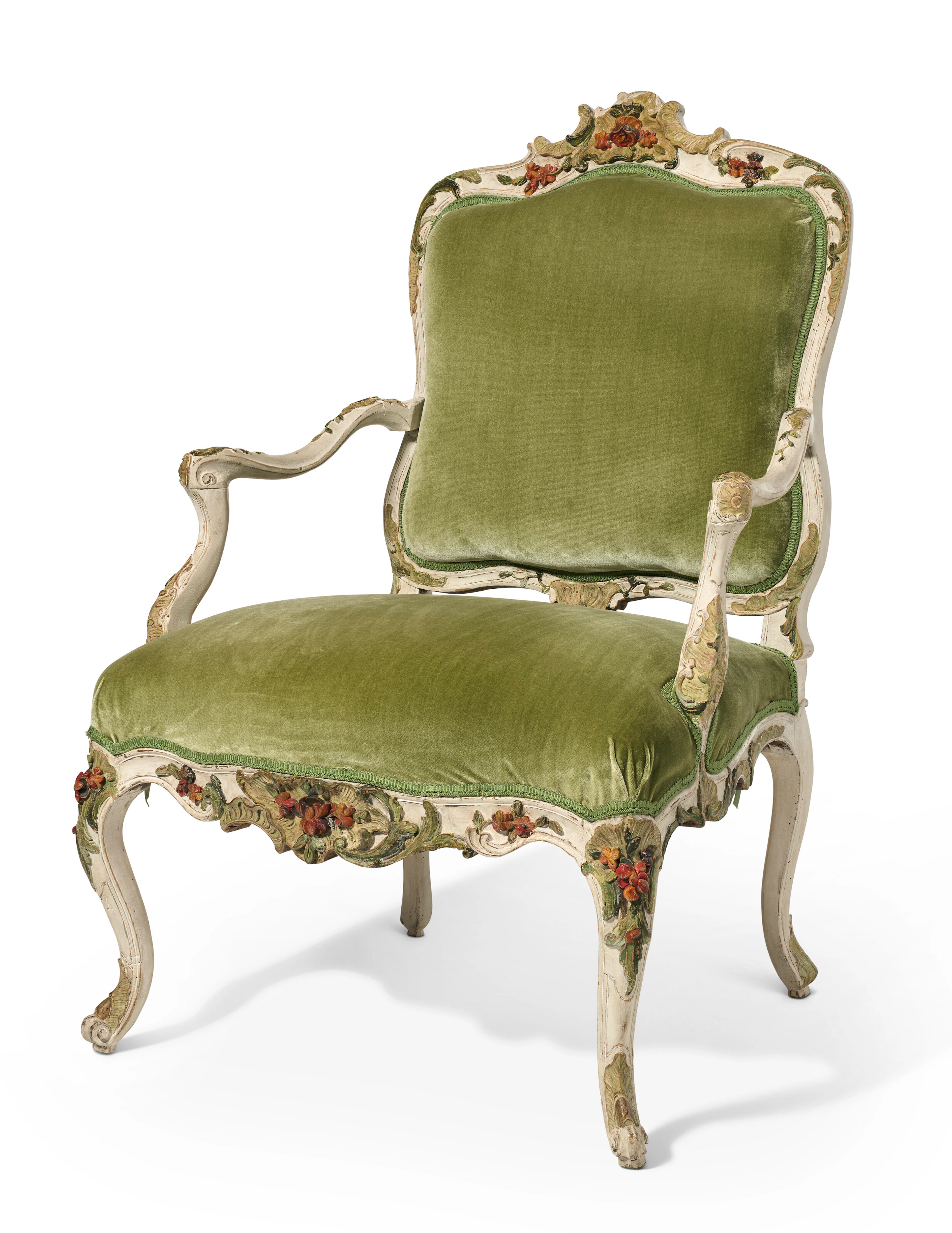 A Louis Xv Polychrome-Painted Walnut Fauteuil