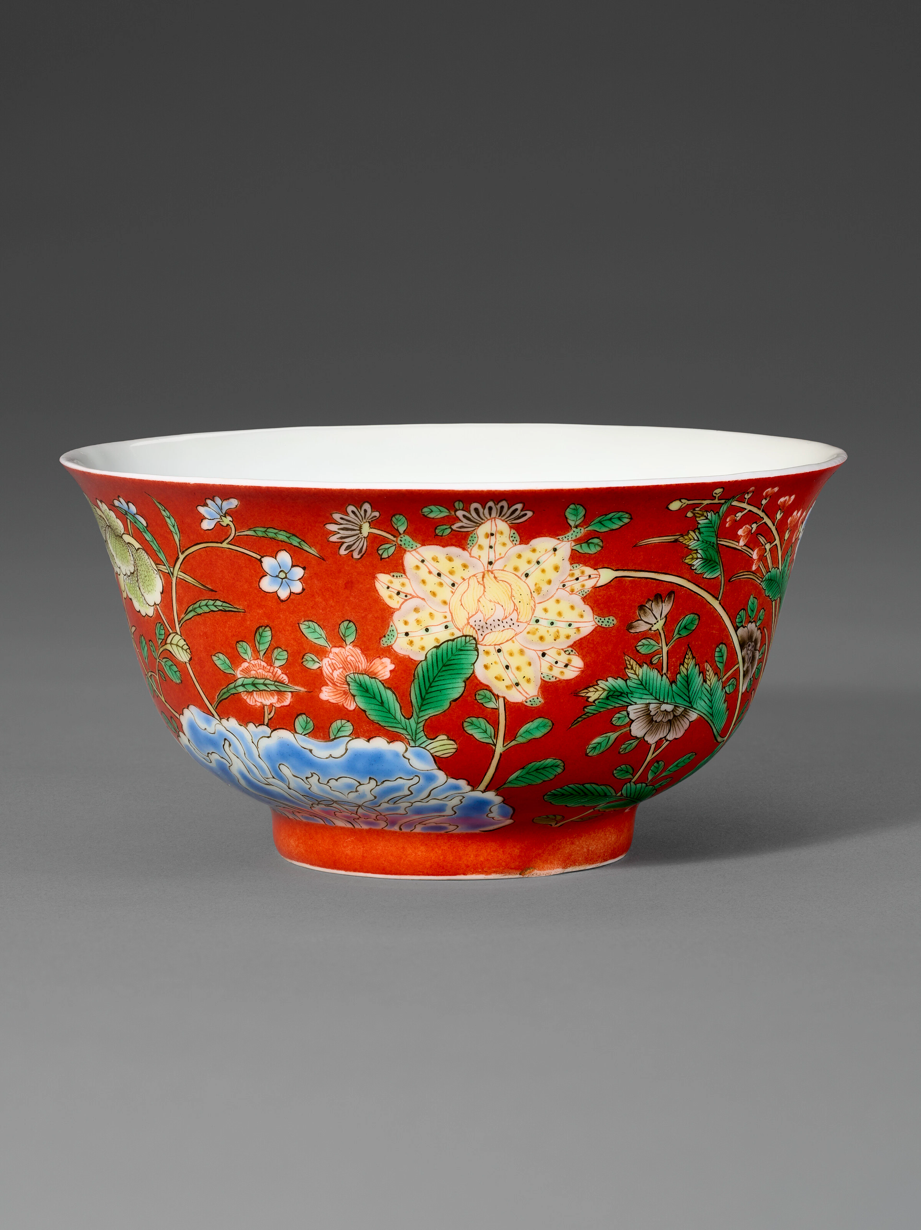 A Rare Coral-Ground Falangcai 'Floral' Bowl