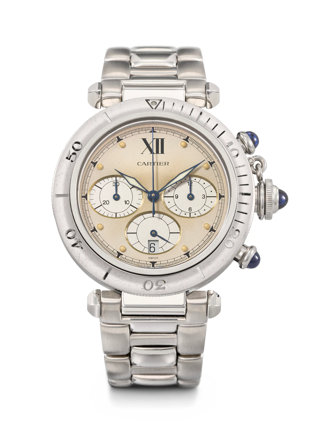 Cartier. A Sporty Stainless Steel Quartz Chronograph Wristwatch with