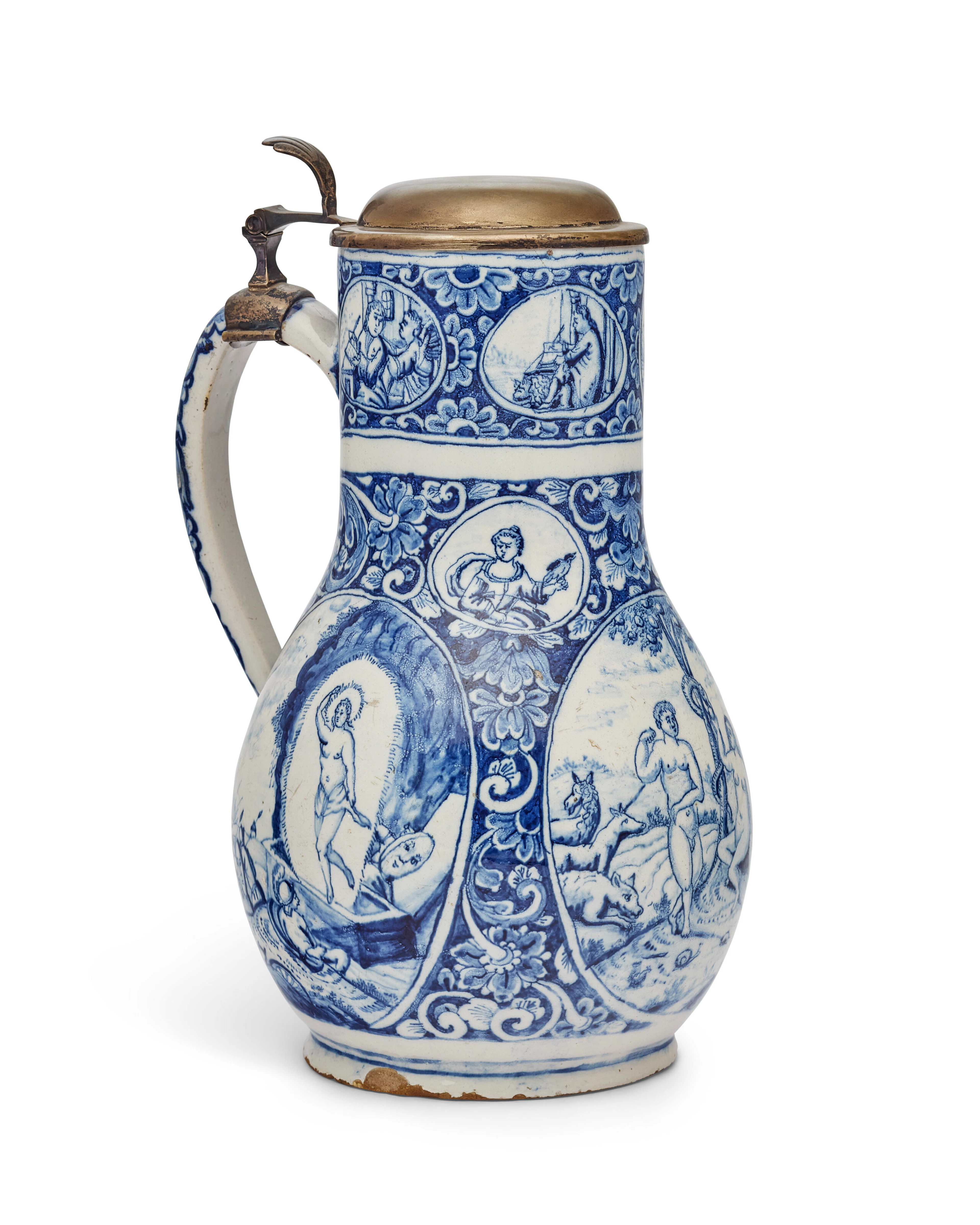A Silver-Mounted Dutch Delft Blue and White Dated Biblical Large Tankard