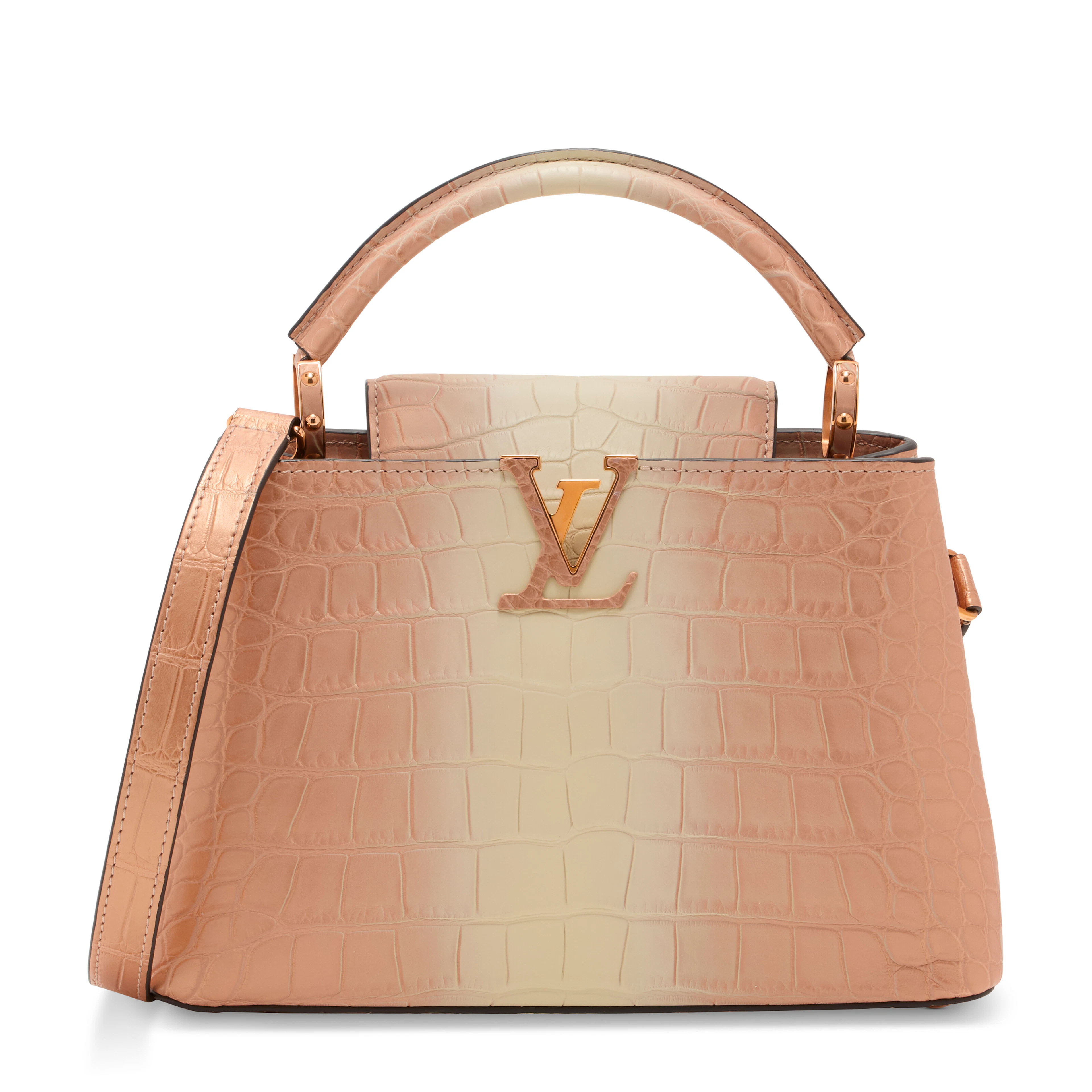 A RARE, MATTE BALLET ROSE SAHARA ALLIGATOR CAPUCINES BB WITH ROSE GOLD HARDWARE
