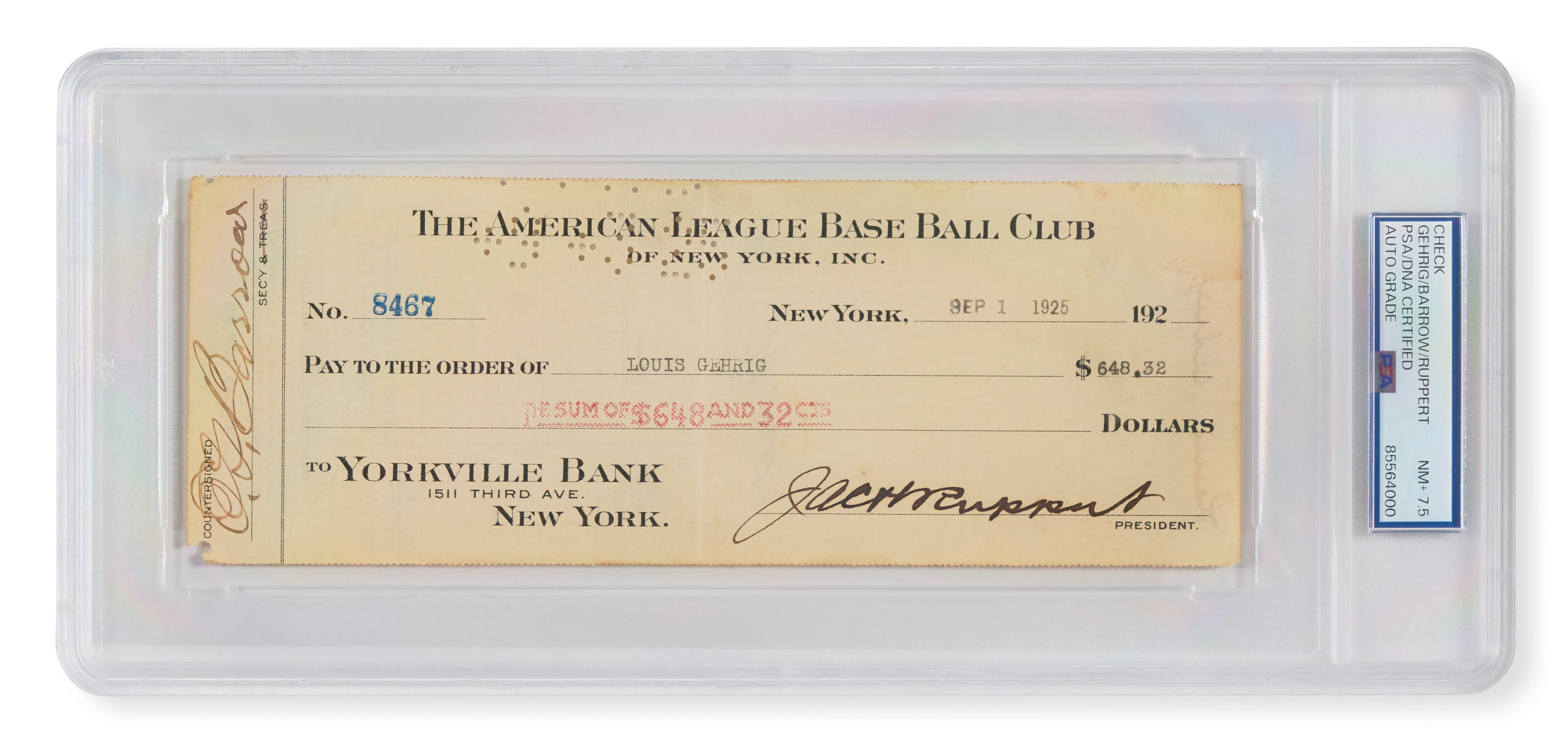 LOU GEHRIG AUTOGRAPHED NEW YORK YANKEES PAYROLL CHECK - HISTORIC SEASON