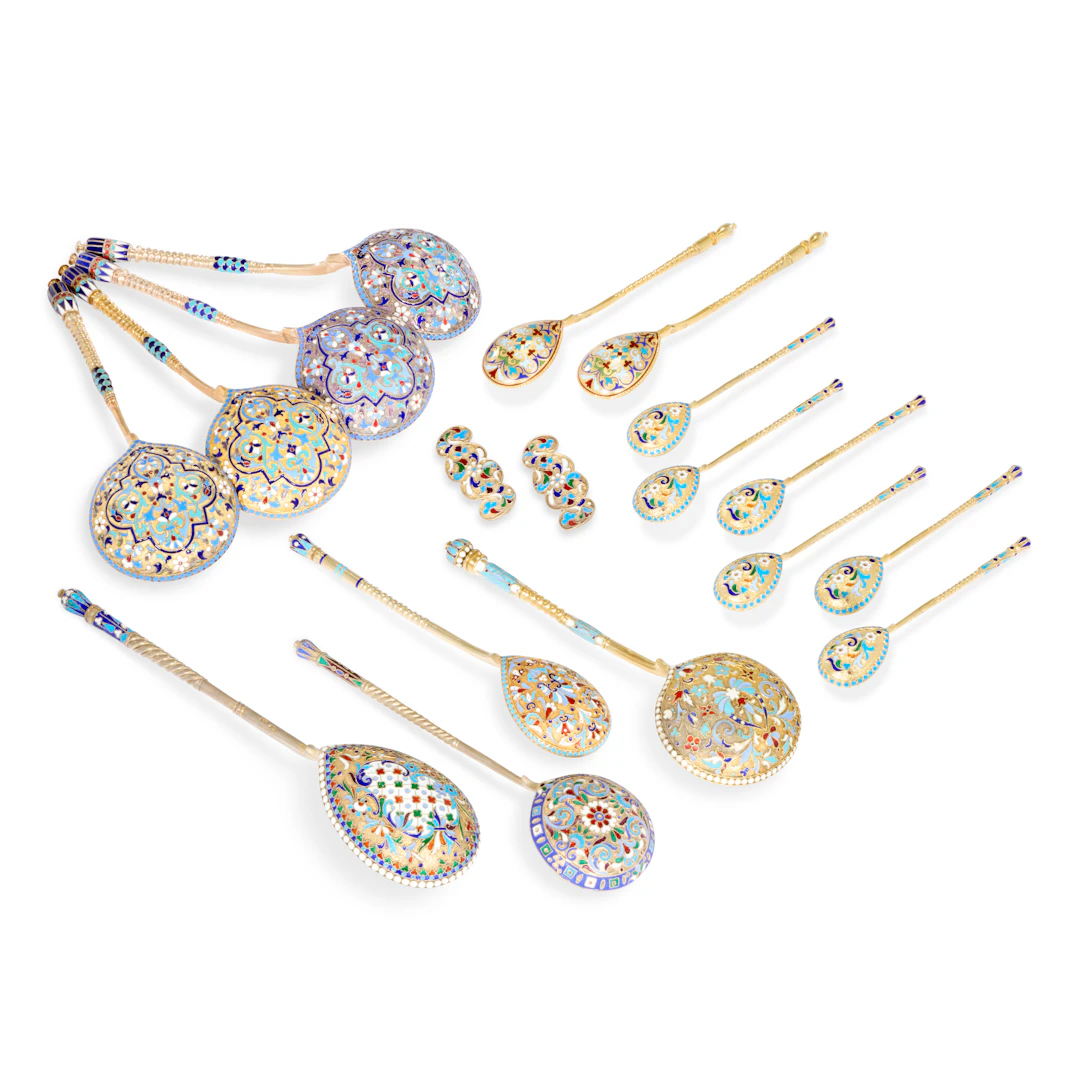 A Group of Sixteen Russian Cloisonné and Champlevé Enamel Silver-Gilt